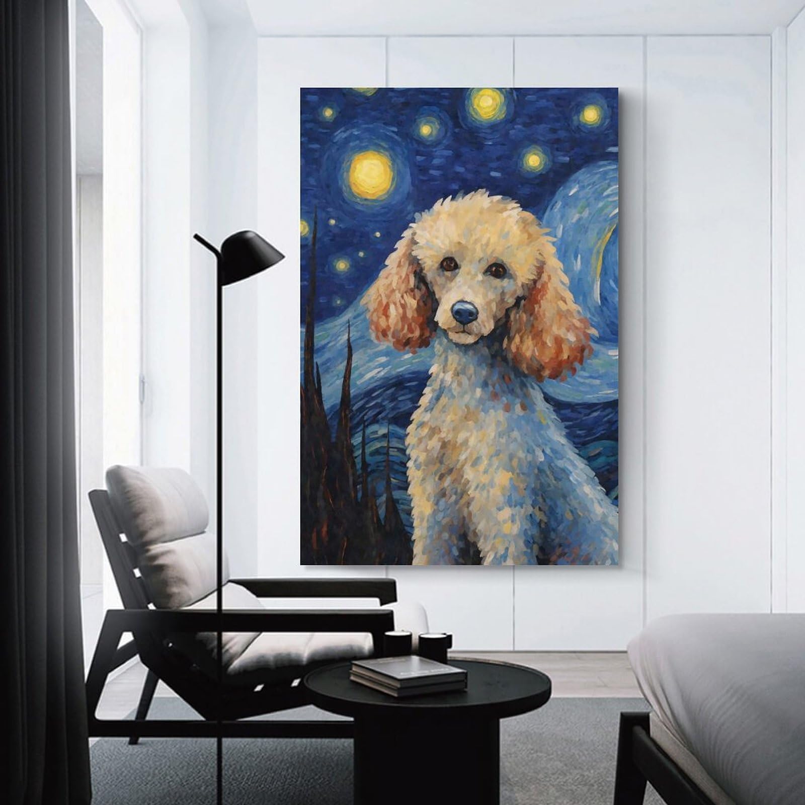 Junmoney Canvas Wall Art Poodle Dog Starry Night, 24x36inch(60x90cm), for Lounge, Study, Hallway Or Flat Walls, Canvas Wall Art That Fits Changing Layouts