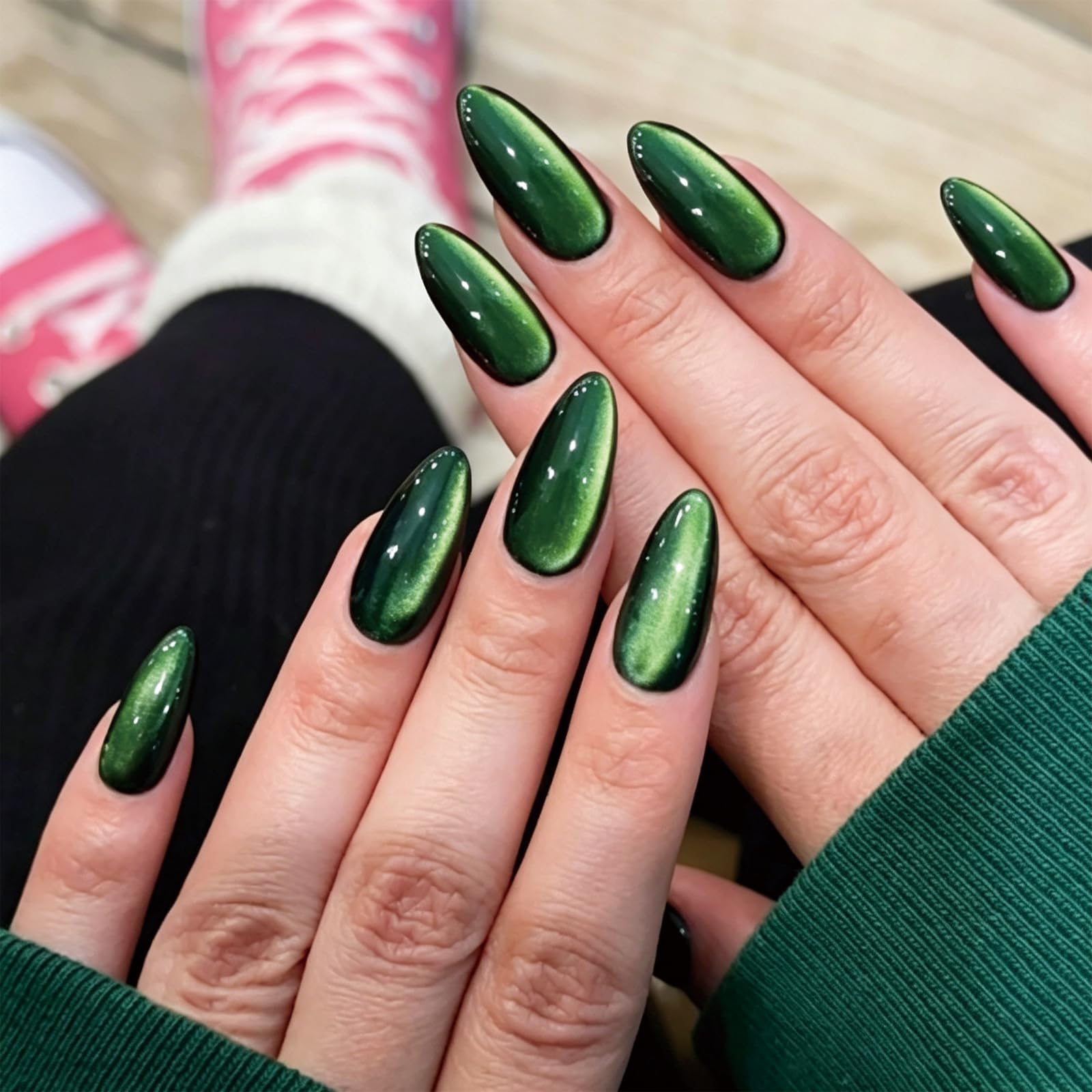 Fake Nails, Green Cat Eye Nails Press On Medium, 30 Pieces Glossy Almond Stick On Nails for Women, Fashion False Nail Extensions Set-image-46