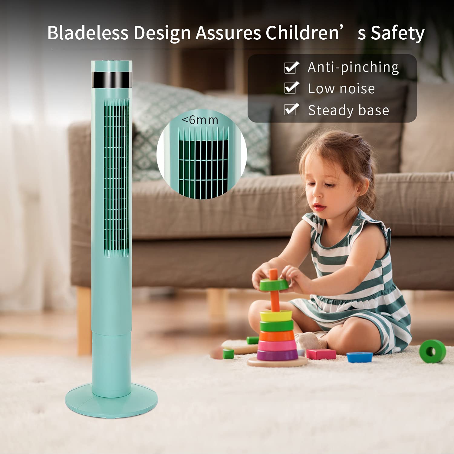 R.W.FLAME Tower Fan with bladeless design, showing a child playing near it.