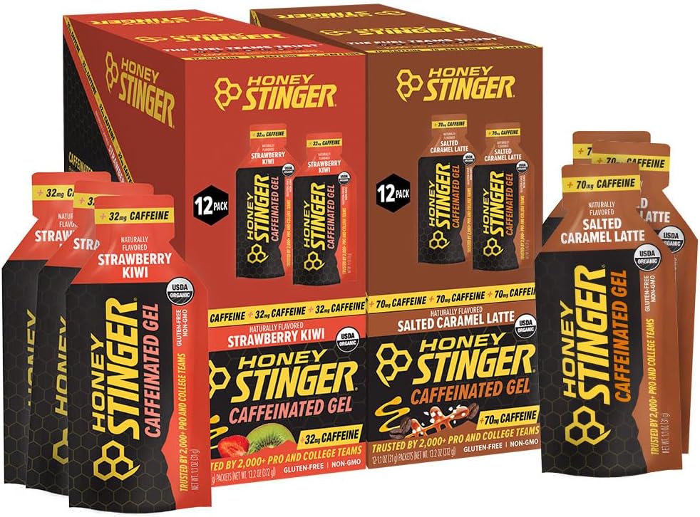 Caffeinated Organic Energy Gel Variety Pack of 24, 12 Packs Each of Salted Caramel Latte & Strawberry Kiwi, Caffeinated & Gluten Free, for All Exercises, Sports Nutrition for Home & Gym
