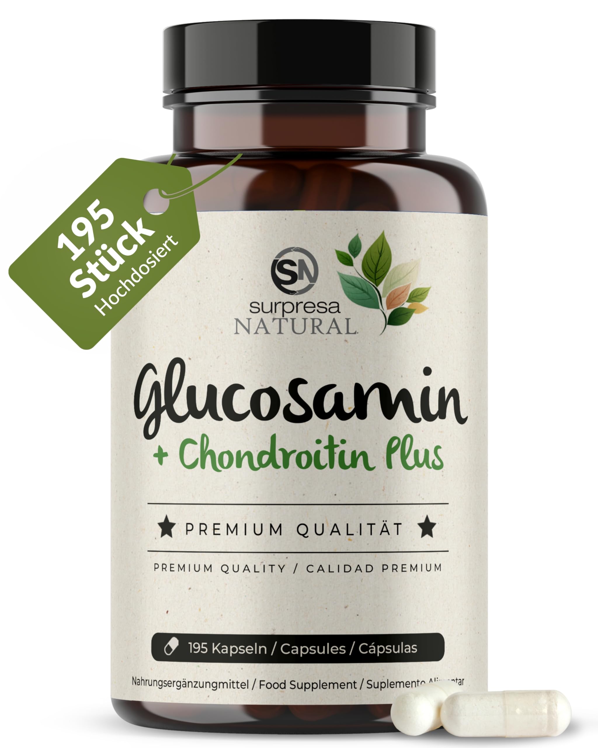 Glucosamin-Chondroitin-Kapseln hochdosiert I 1 x 195 Kapseln I 1500 mg Glucosamin & 1200 mg Chondroitin pro Tagesdosis I Nahrungsergänzungsmittel ohne Zusatzstoffe & laborgeprüft
