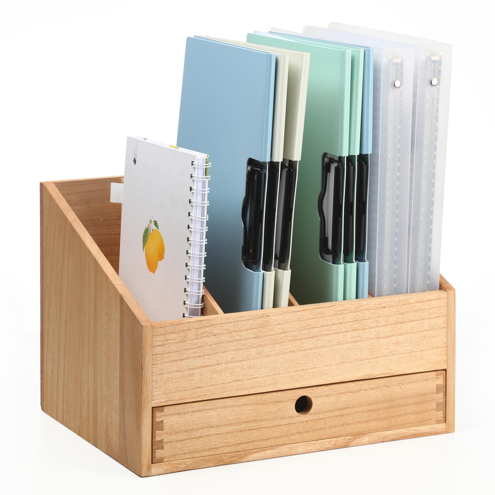KIRIGEN Wooden Desktop File Organiser with Drawer, 4 Compartments, Desk File Storage Manager, Wooden Folder Organizer for School and Office(4K-NA)