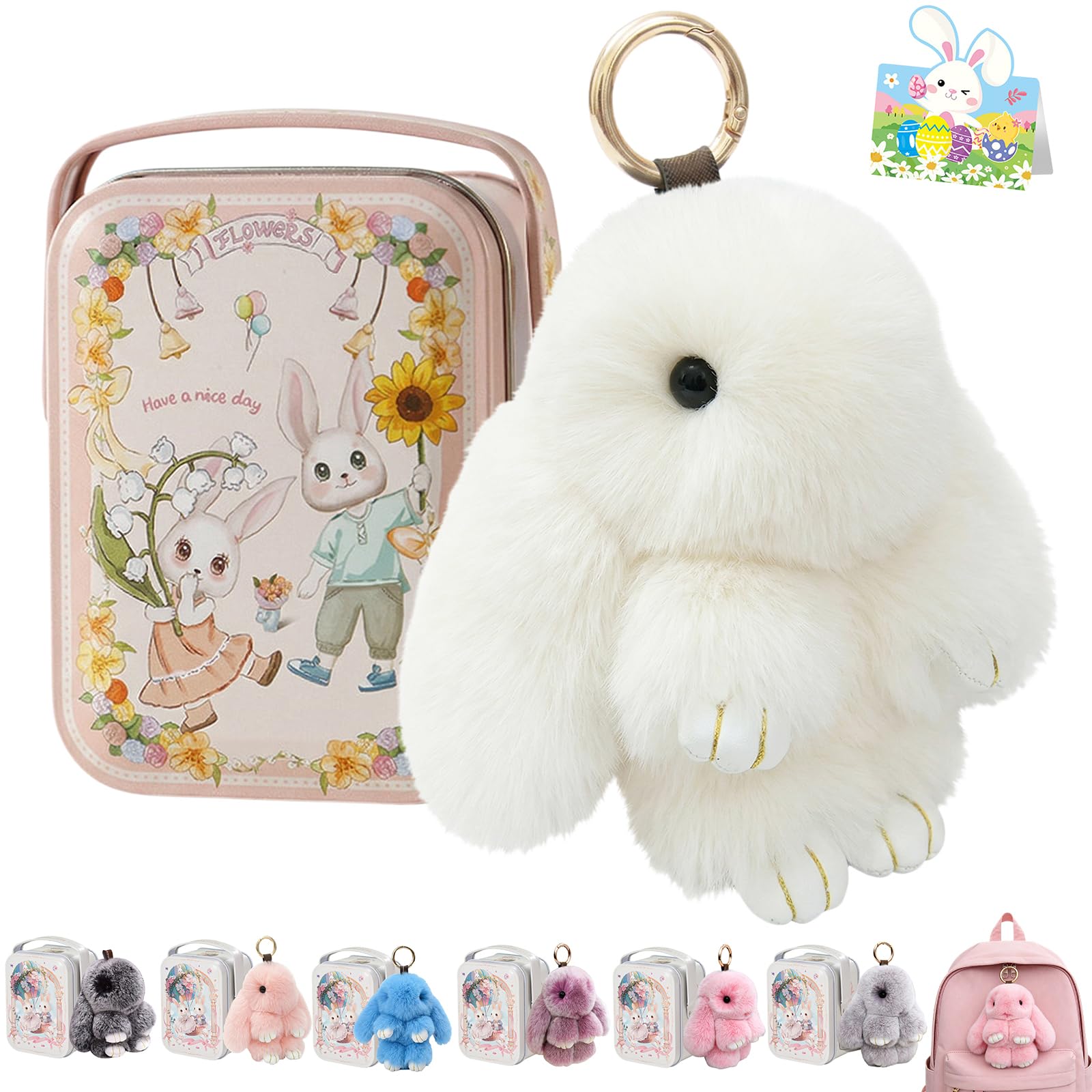 Bunny Lulu Keychain With Tin Box, Bunny Keychain Charm Bao Rabbit Pompom For Bags, Easter Girls Women Gift — view 11