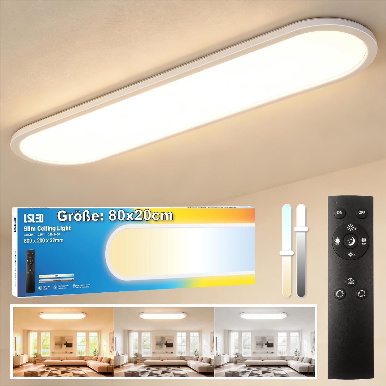 LED Deckenleuchte mit Fernbedienung 36W Dimmbar 2700K-6500K 4900lm IP44 Wasserfest Speicherfunktion Nachtlicht für Wohnzimmer Schlafzimmer Küche Badezimmer Flur 80x20cm Oval Weiß