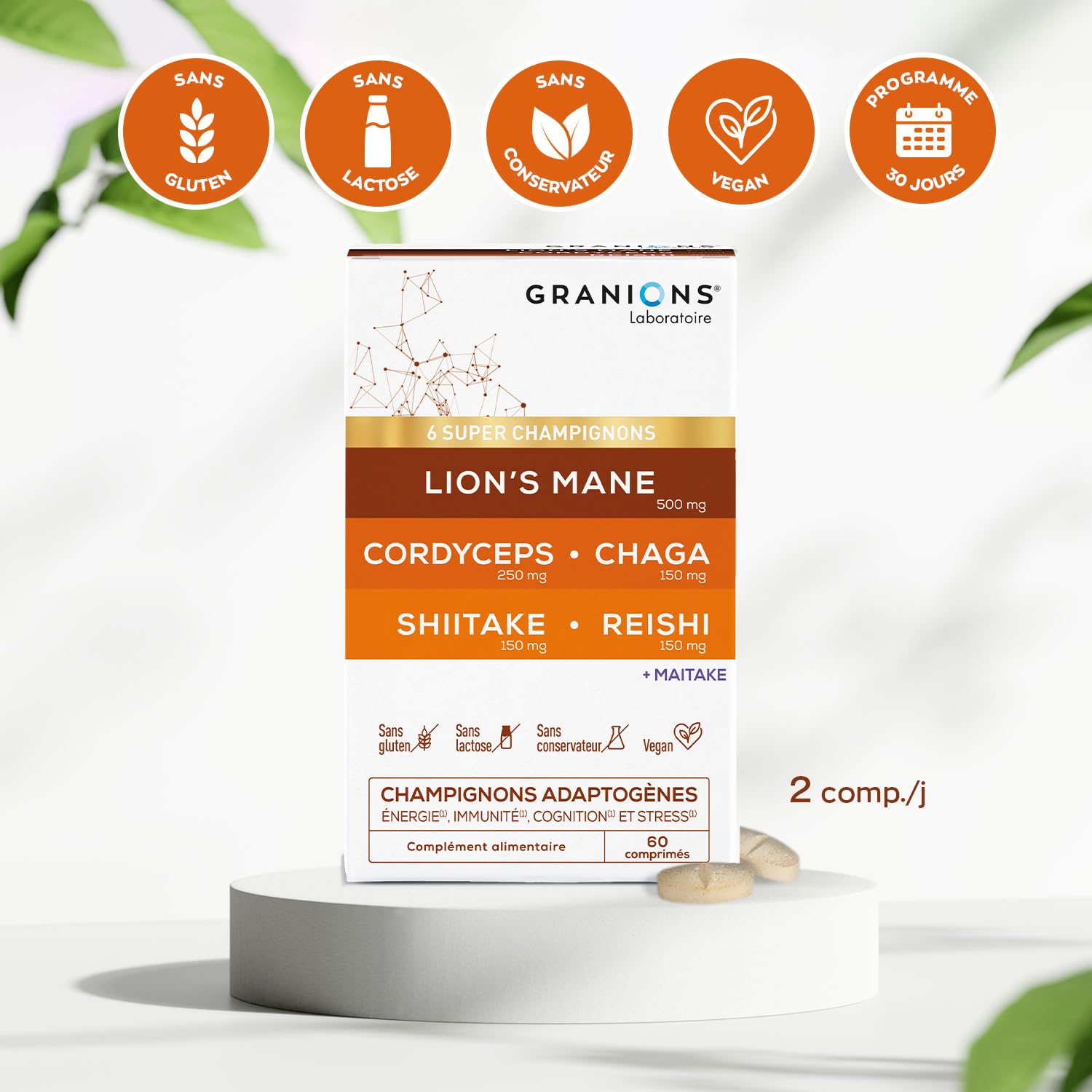 GRANIONS – Complexe Super Champignons Adaptogenes – LIONS MANE + CHAMPIGNONS CORDYCEPS + reishi + chaga + shiitake + maitake – energie immunite cognition stress – vegan 60 comprimes – 1 MOIS