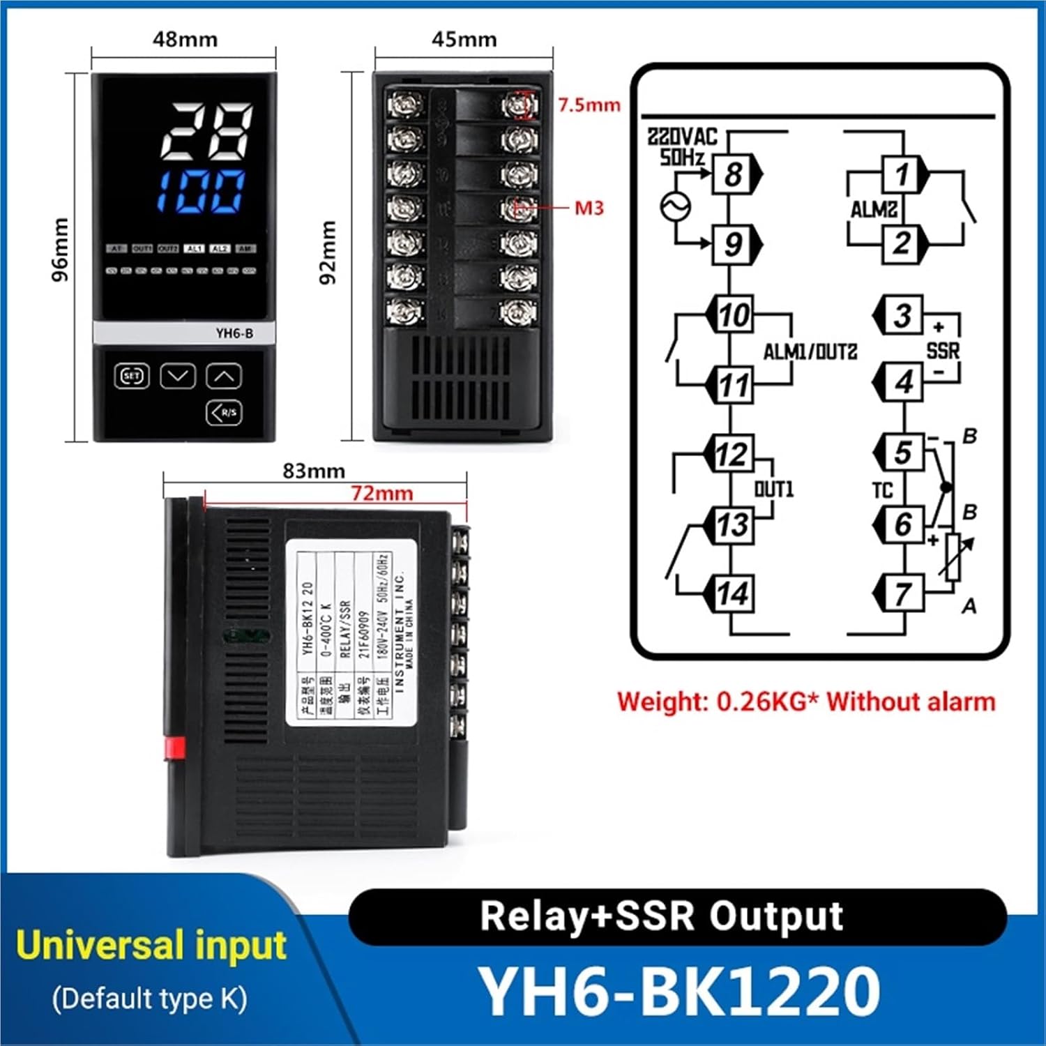 1Pcs Digital PID Intelligent Temperature Controller YH6-AK1220/BK1220/DK1220/EK1220 SSR Relay Dual Output 4-20mA Thermoregulator(YH6-DK1220)