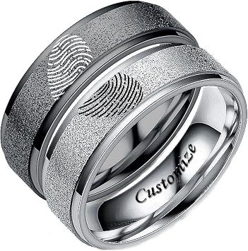 Custom Matching Fingerprint Heart Couple Rings Matte Brushed Promise Rings