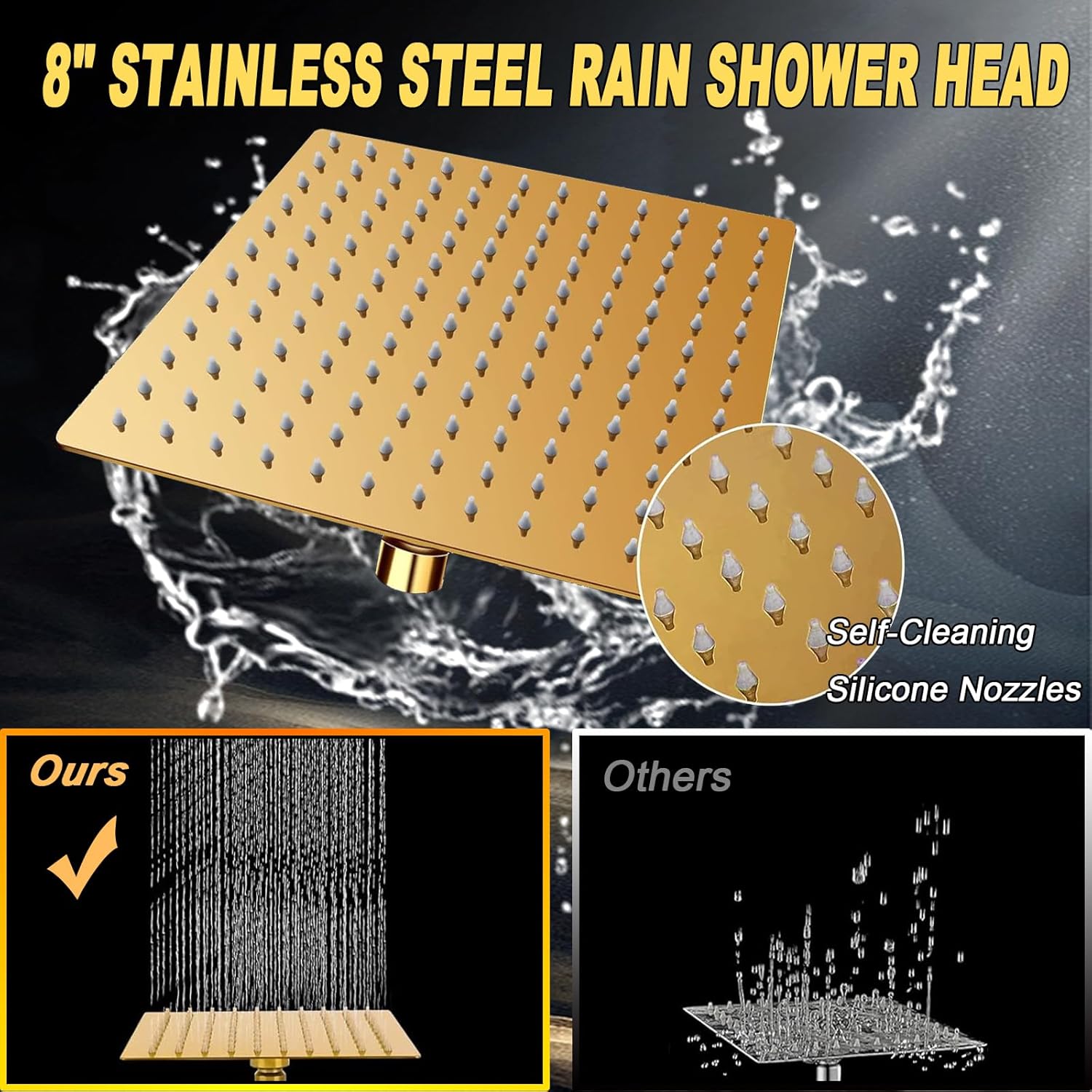 High Pressure Square Rain 8'' Shower Head Combo, Equipped with all Metal Hand Shower, 78" Extra Long Hose, 3-Way Diverter, Adhesive Shower Head Holder (WOSAISIUS Square Shower Head Set Gold)