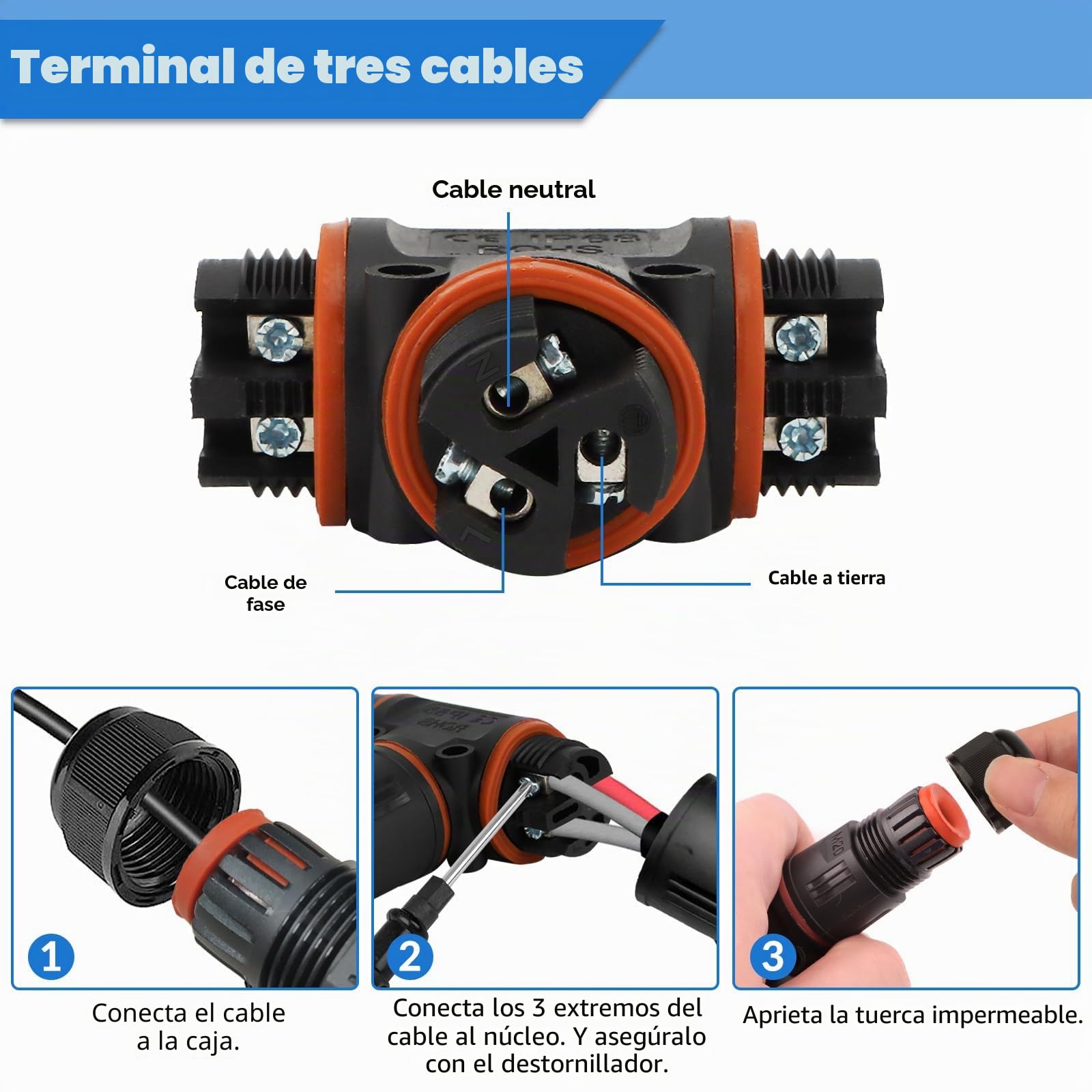 HIMOMO Conecto Impermeable IP68 en Forma de T, Empalmes Cables Electricos de 3 pines para Cables Ø3-12mm, Conector Estanco para Exterior y Jardín