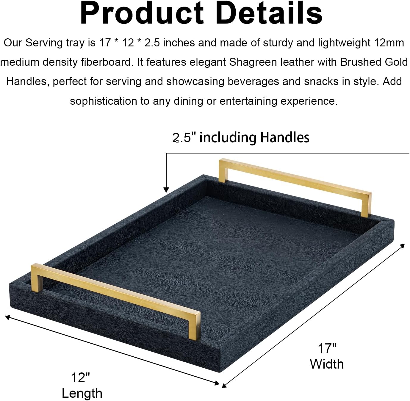 Black Faux Leather Serving Tray, 17x12 inches, Brushed Gold Handles, Decorative Tray for Ottoman Coffee Table, Living Room, Kitchen, Bathroom - Image 4