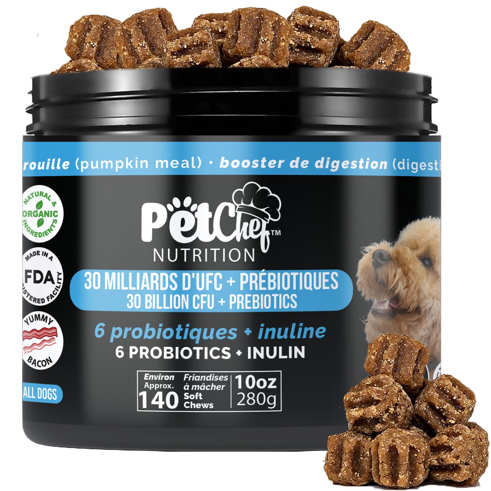 Pet Chef Probiotic Blend for Dogs with Prebiotics & Enzymes 140 Naturally Healthy Soft Chews for Digestion Gut & Skin Health Puppy-Friendly Improves