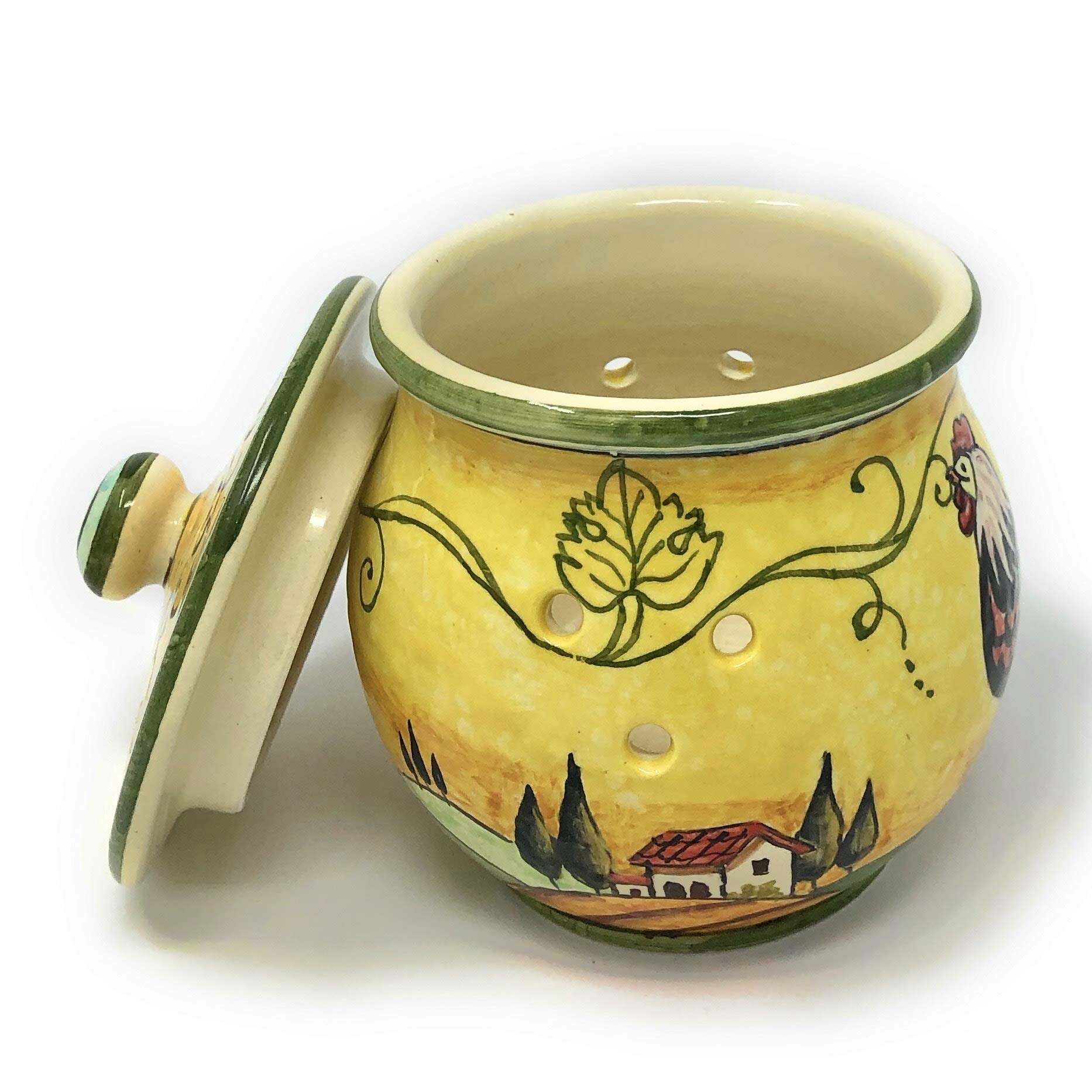 CERAMICHE D'ARTE PARRINI- Italian Ceramic Brings Garlic Jar Holder Hand Painted Decorated Rooster Tuscan Landscape Made in ITALY Tuscan Art Pottery
