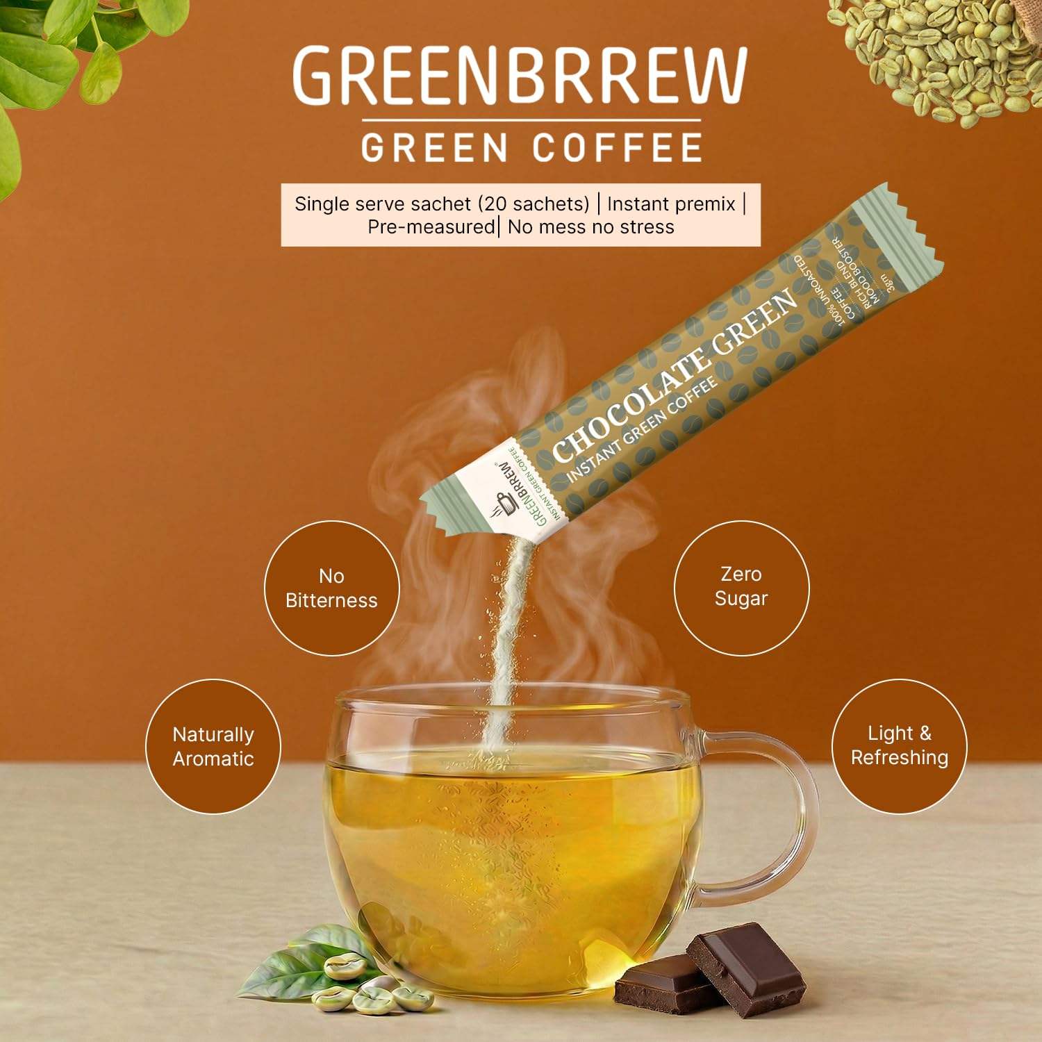 Greenbrrew Chocolate Instant Green Coffee - 40 Easy Mix Sachets, Pack of 2 (120g) 1