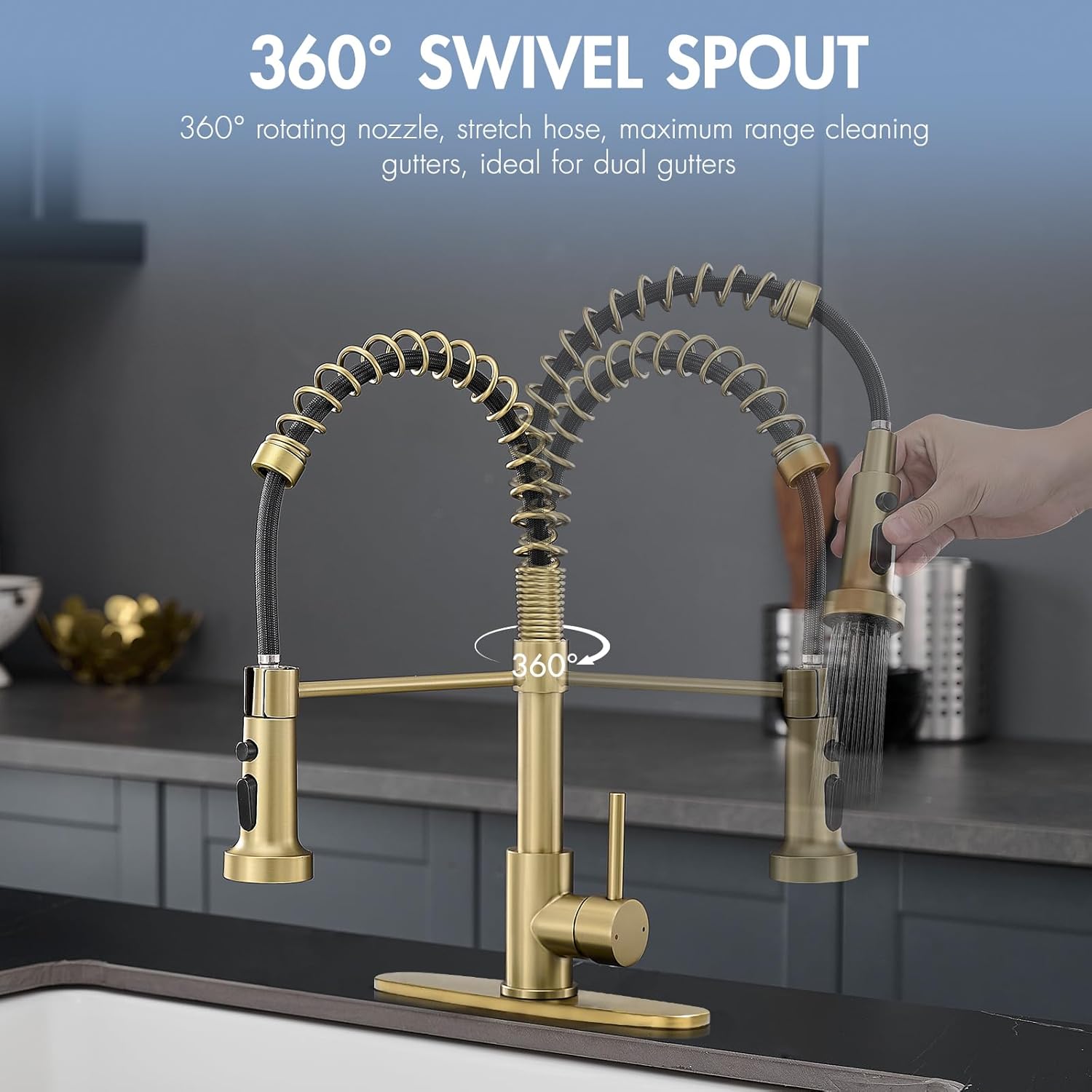 AIMADI Gold Kitchen Faucet with Pull Down Sprayer,Commercial Single Handle Brushed Gold Kitchen Sink Faucet with Deck Plate - Image 3