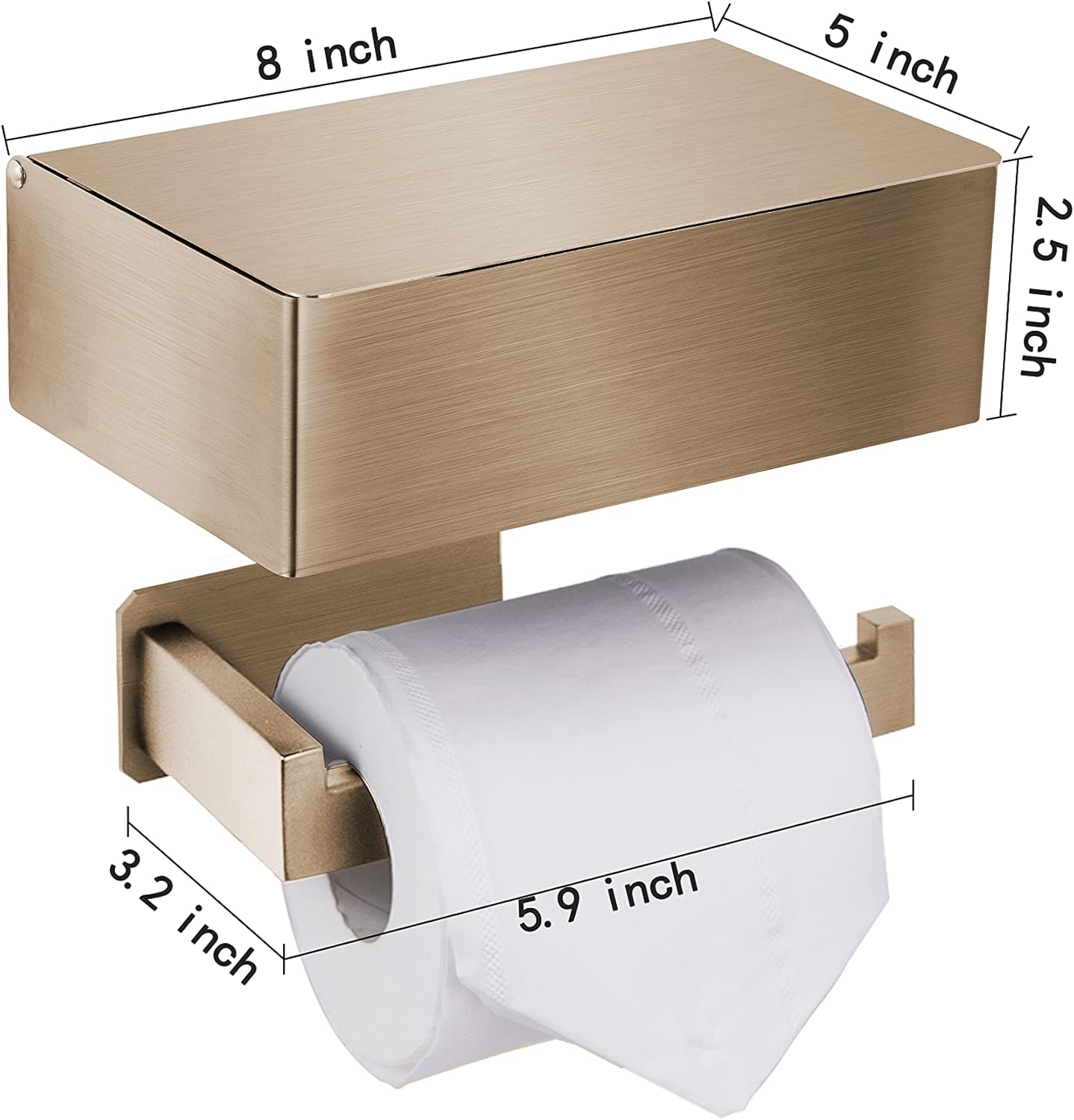 Adhesive Toilet Paper Holder with Shelf and Storage, Wall Mount Toilet Paper Roll Holder & Flushable Wipes Dispenser Set Fits Any Bathroom, Stainless Steel Tissue Holder-Square, Gold