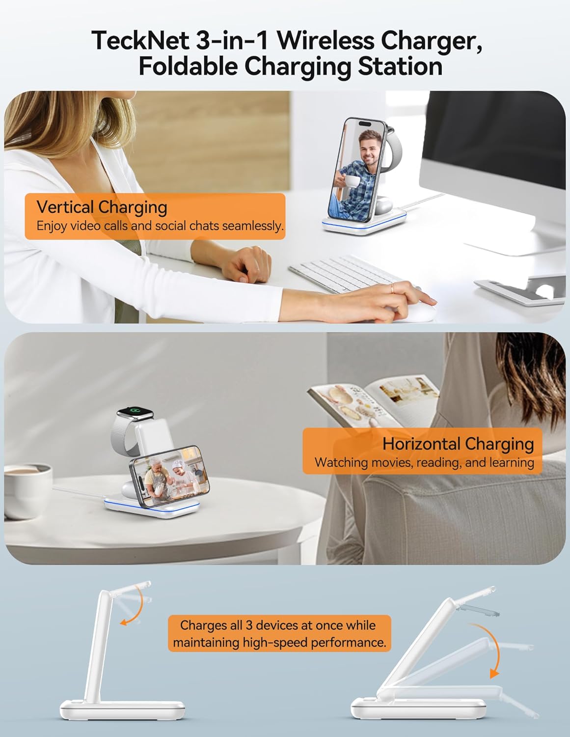 TECKNET 3-in-1 Wireless Charger showing vertical and horizontal charging positions for a smartphone