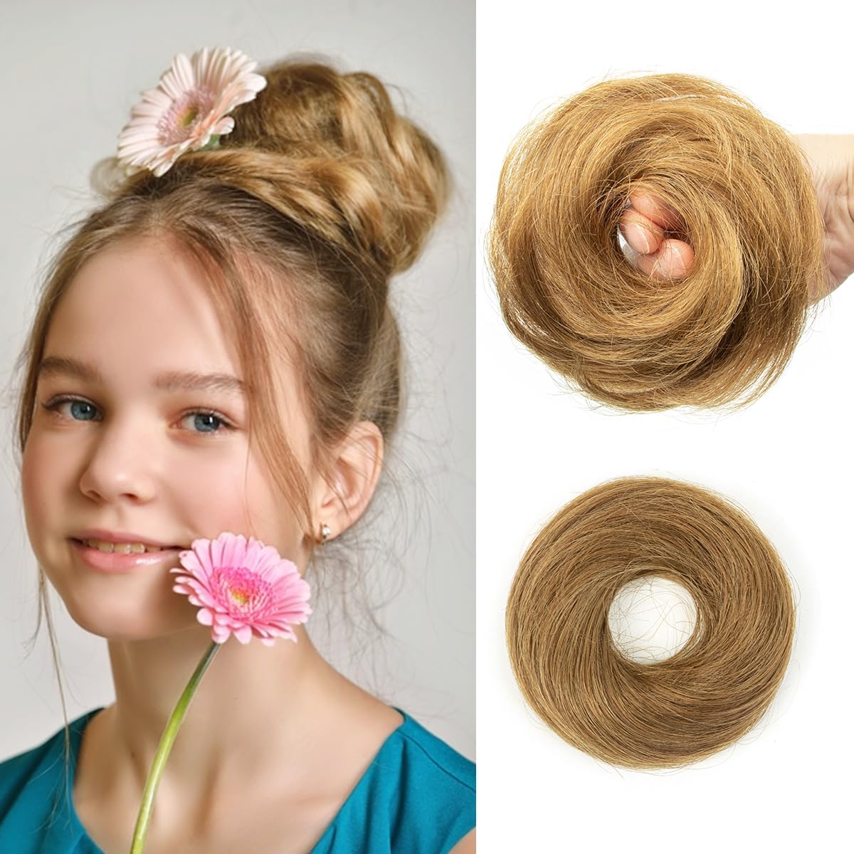 2PCS Hair Buns Fro Women, Honey Brown Messy Bun Hair Piece, Ponytail Hair Extensions Hair Accessories Elastic Easy Scrunchie