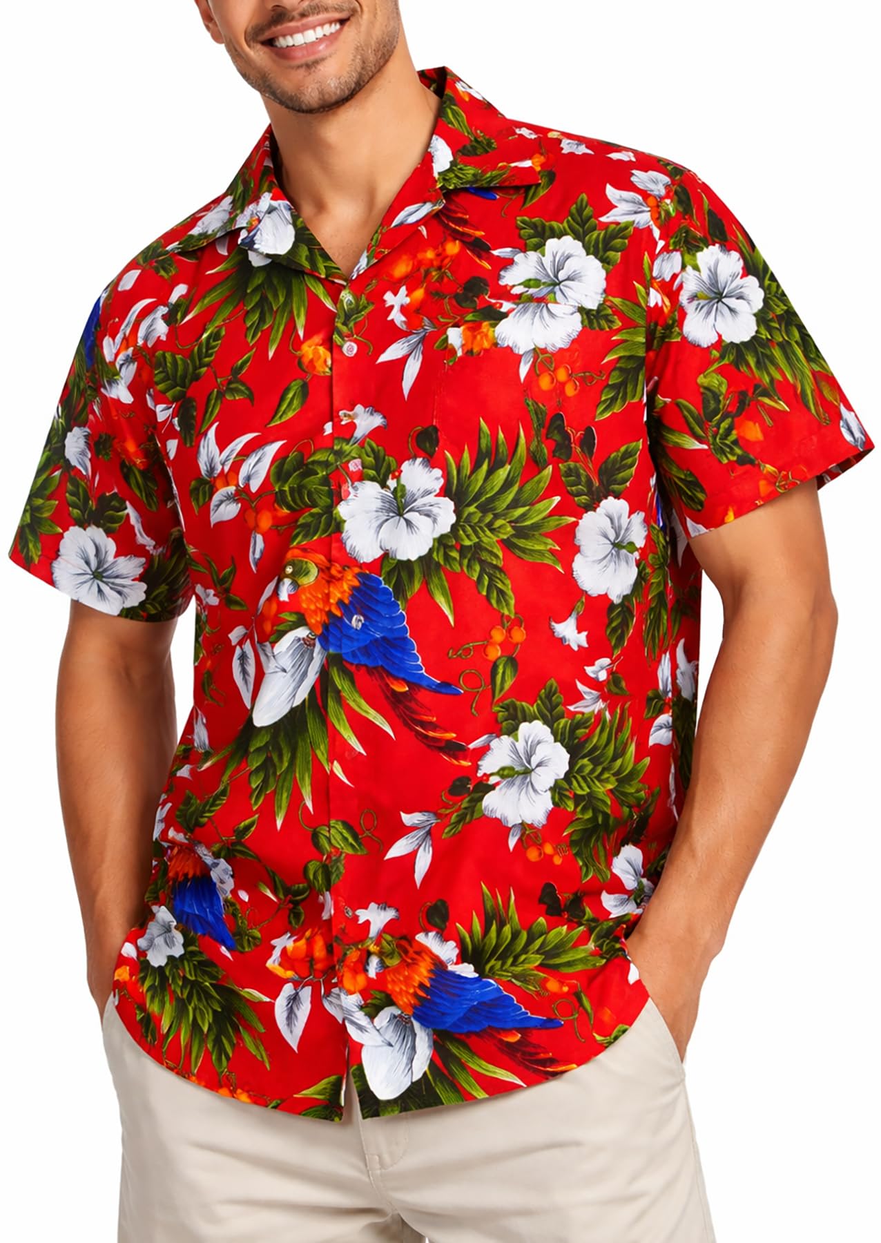 Mens Vintage-Hawaiian-Shirt Casual-Short-Sleeve Button-Down Cherry-Blossoms Parrot-Design