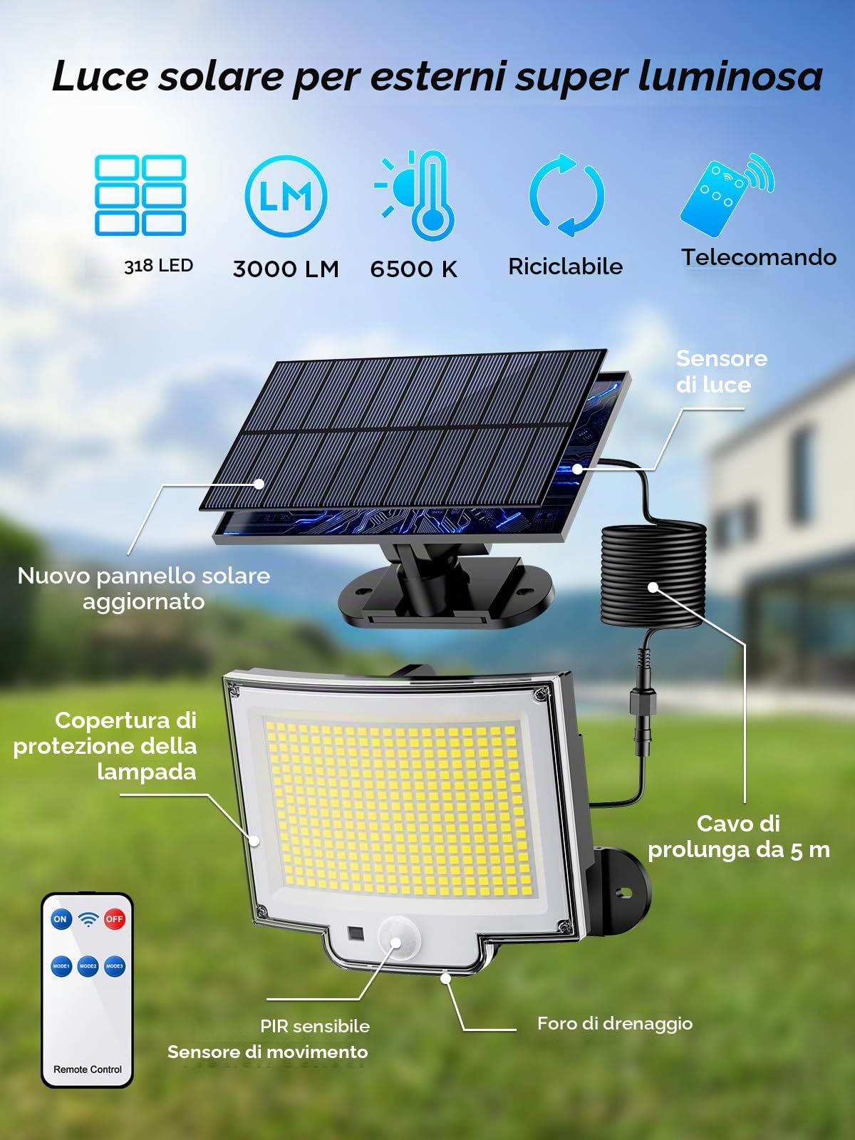 SIGRILL Faretti Solari a LED da Esterno con Sensore di Movimento, 318 LED Luce Solare Led Esterno con 3 Modes, 5M Cavo, Lampada Solare da Esterno (2 Pezzi - 318LED Bianco Freddo)