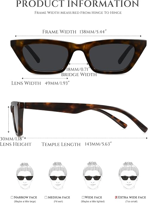 Narrow Square Cat Eye Sunglasses for Women, 90s Retro Shades