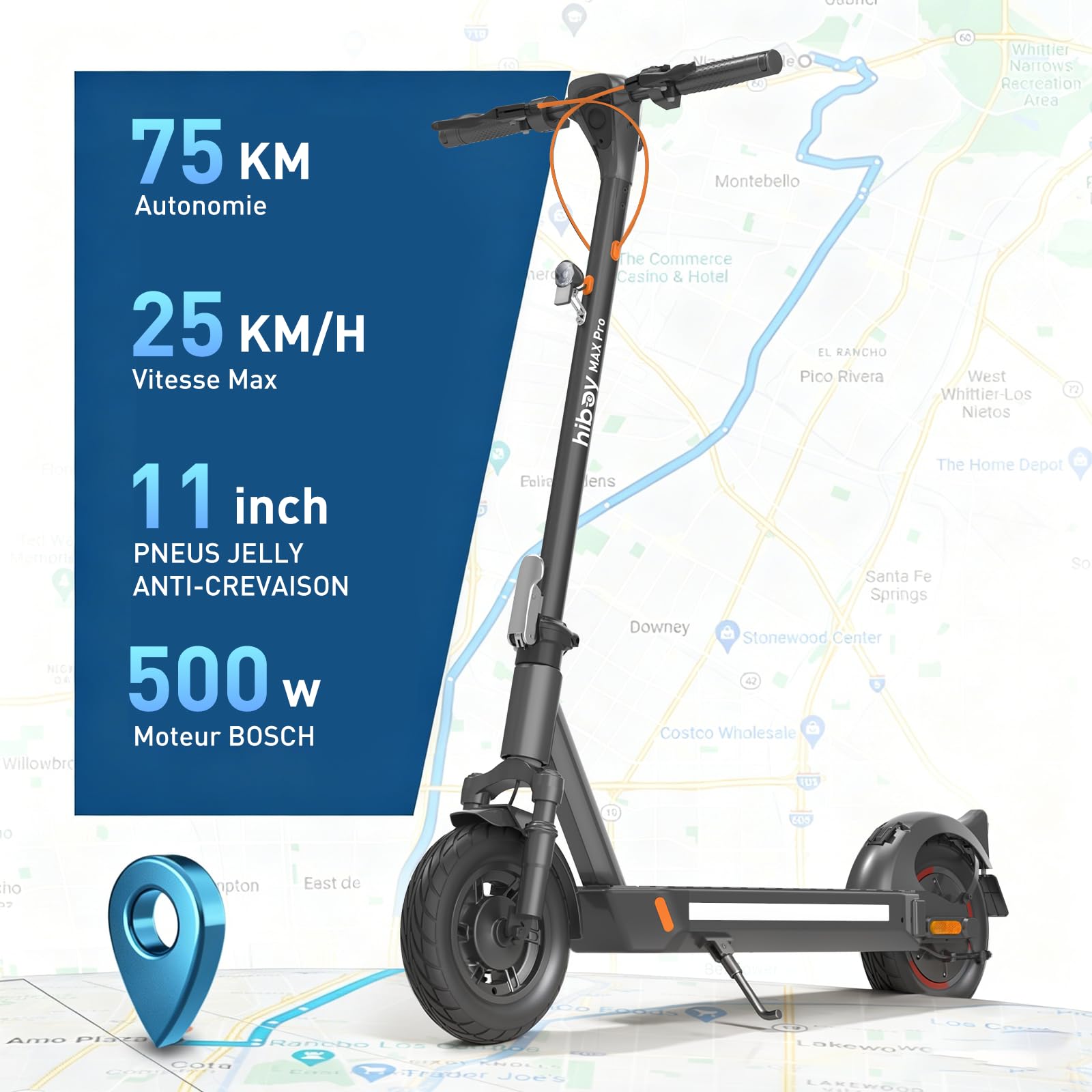 Hiboy Max Pro Trottinette Électrique Adulte, Moteur Bosch 500W (Pic 700W), Autonomie Jusqu'à 75KM, Batterie 48V 14.5Ah, Pneus Gonflables 11", Double Suspension et Système de Freinage, Vitesse 25KM/H