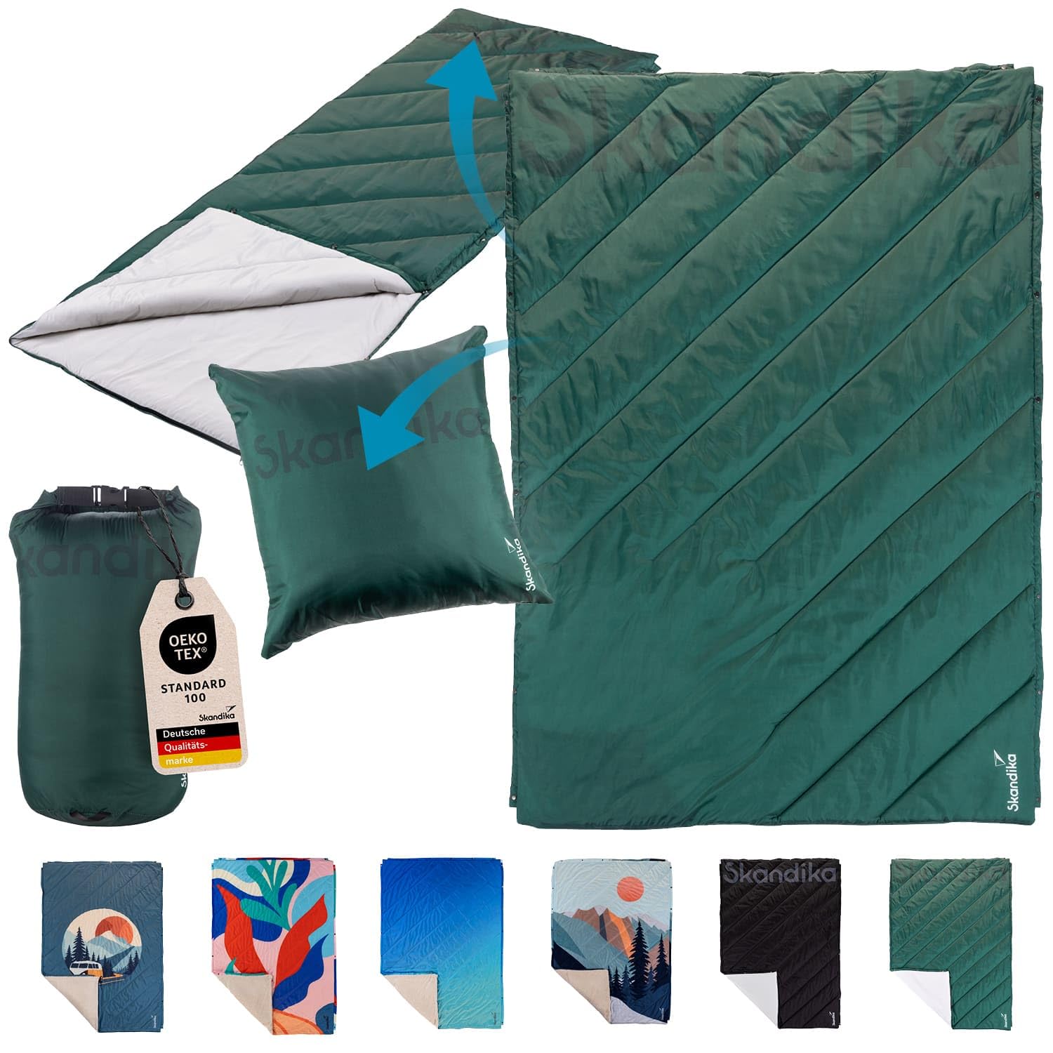 Skandika Koc kempingowy Liva nylon zielony | 4 w 1 koc outdoorowy, 200 x 135 cm, narzuta, śpiwór, poduszka, z nylonowym spodem, watowaniem z poliestru, wodoszczelny, na kemping, akcesoria