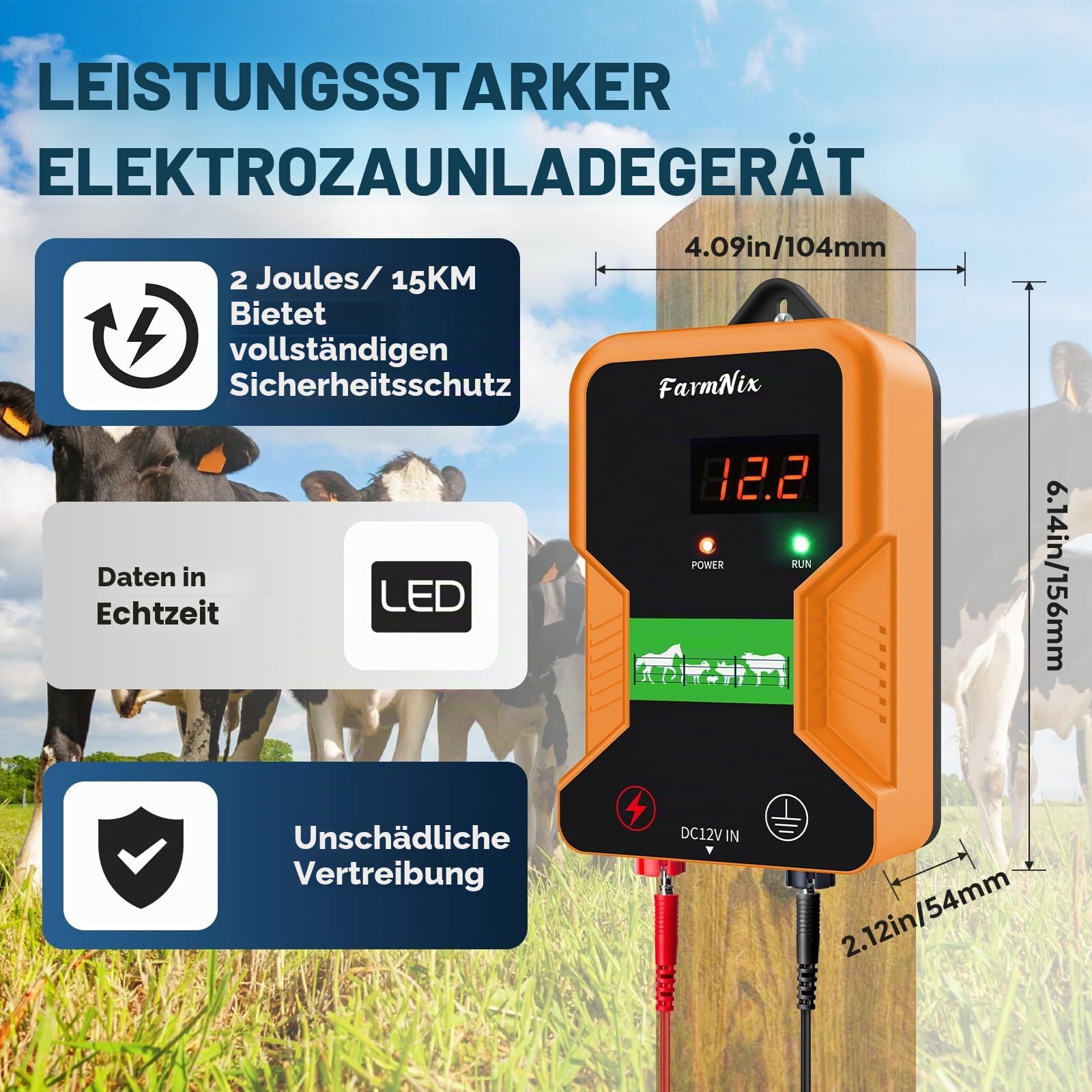 Weidezaungerät 12V mit LED Anzeige, 2J 15 KM 230V Elektrischer Weidezaun, Elektrozaun für Hunde, Wasserdicht Weidezaun Elektrisch für Schutz von Nutztieren, Haustieren, Geflügel, Hausweide, Gärten