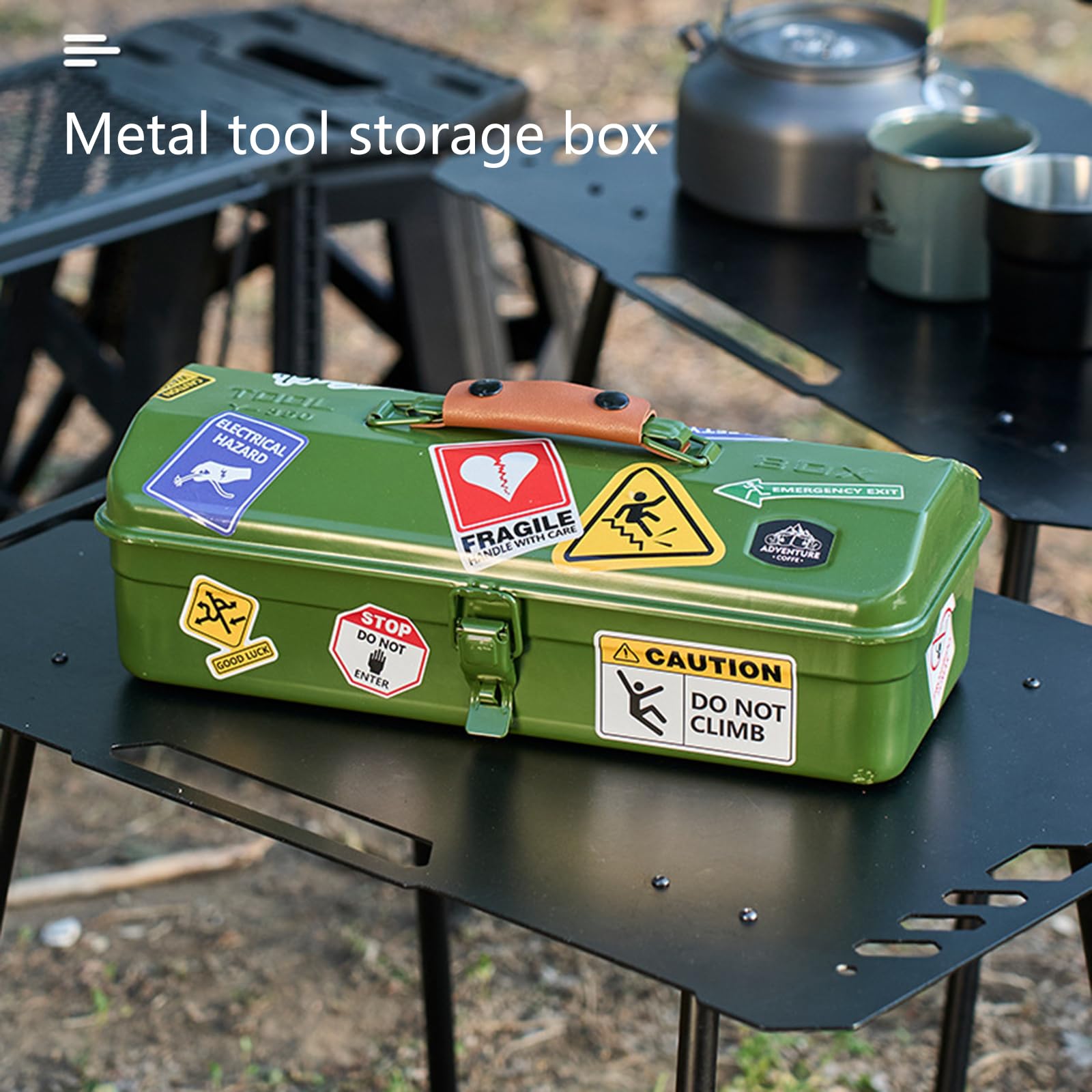 Caja de herramientas de metal con calcomanías, pequeñas cajas de herramientas portátil, caja de almacenamiento de metal de mano, caja de herramientas de metal para exteriores