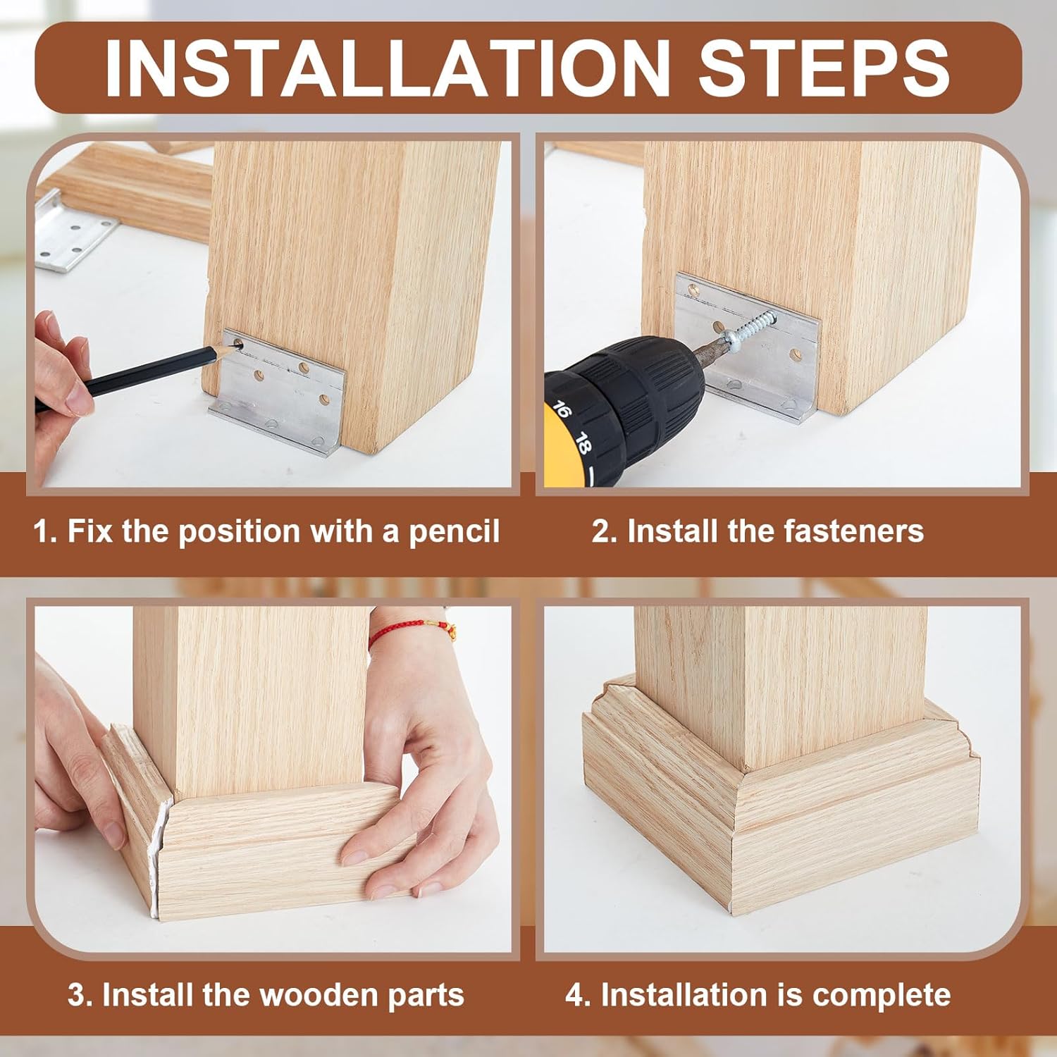 Blulu 2 Set 3-1/2" Newel Post Mounting Kit 8 Pcs L Bracket Metal Post Anchor with 8 Pcs Red Oak Wood Trim Deck Base Fasteners for Fastening Handrails Balustrades to Stairs and Floors