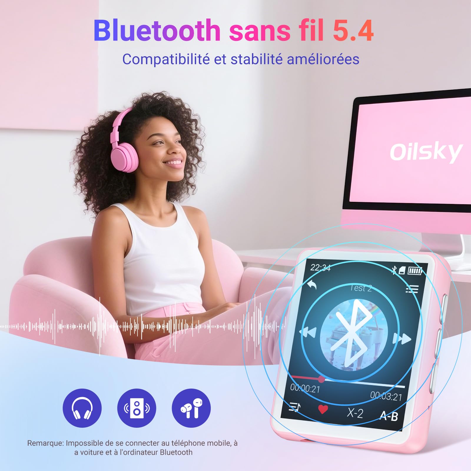 Lecteur MP3 Bluetooth, 128 Go Lecteur de Musique, Haut-Parleur Intégré et Radio FM, Mini écran Tactile de 1,8'' MP3 - Parfait pour Enfants et Les Sports (Rose)