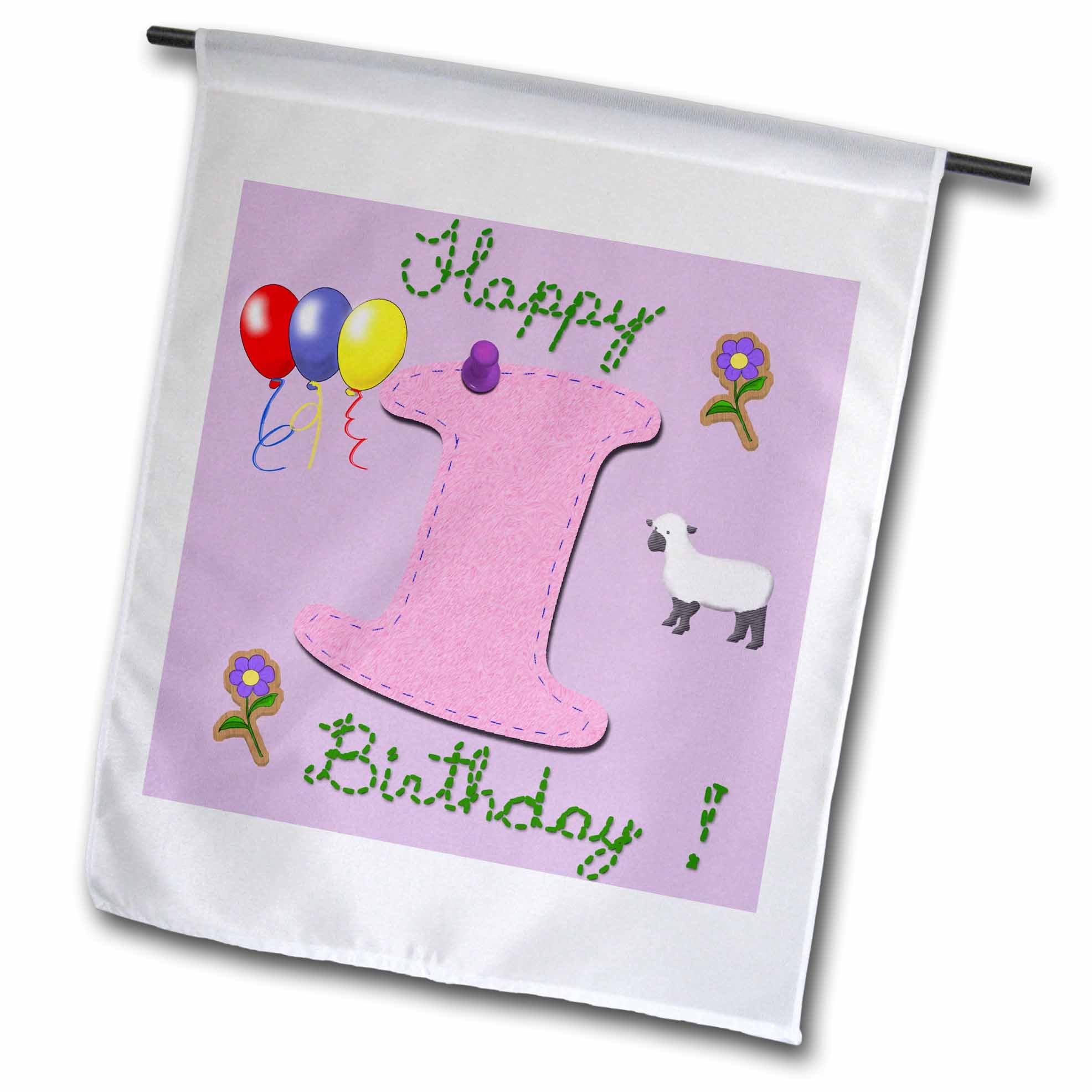 3dRose fl_123802_1 Happy First Birthday Digital Scrapbook Design for Girls with a Pink Felt Looking Number 1 Garden Flag, 12 by 18-Inch