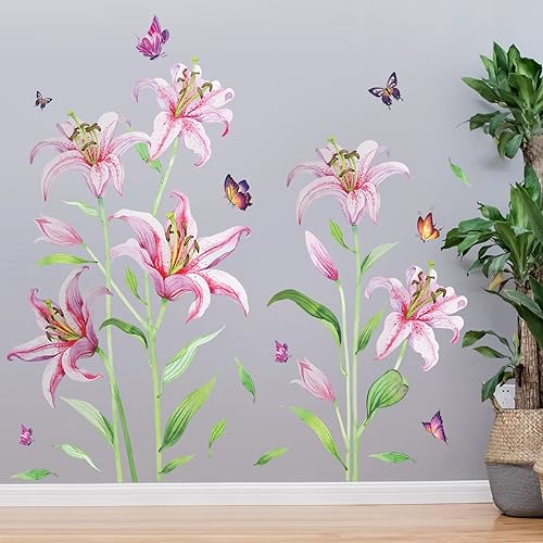 Adhesivo de pared de flores de lirio rosa, realista, romántico, lirios florales, color mariposa, hojas de tallo verde, decoración artística