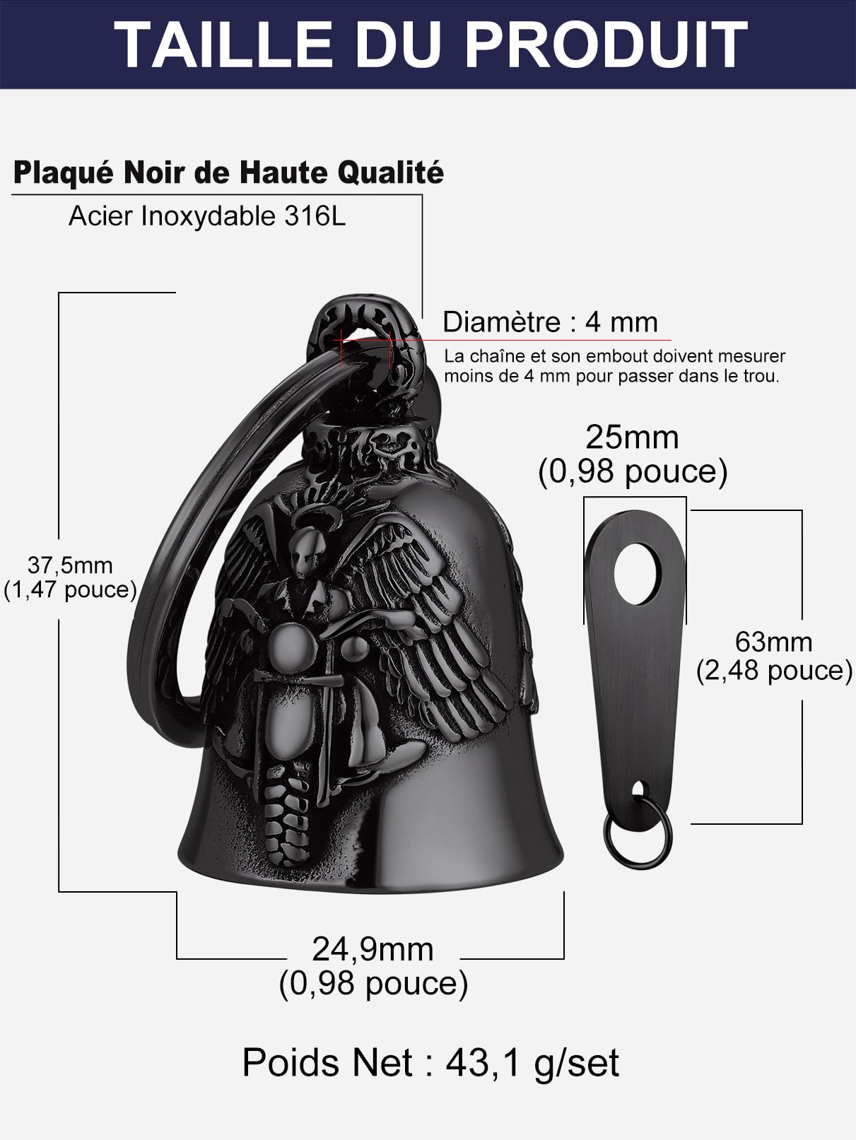 Bandmax Clochette Moto Porte Bonheur en Acier Inoxydable, Cloche de Moto Ailé à Motif d'Ange, Viking, Boussole, Marteau, Celtique, Crâne, Guardian Bell
