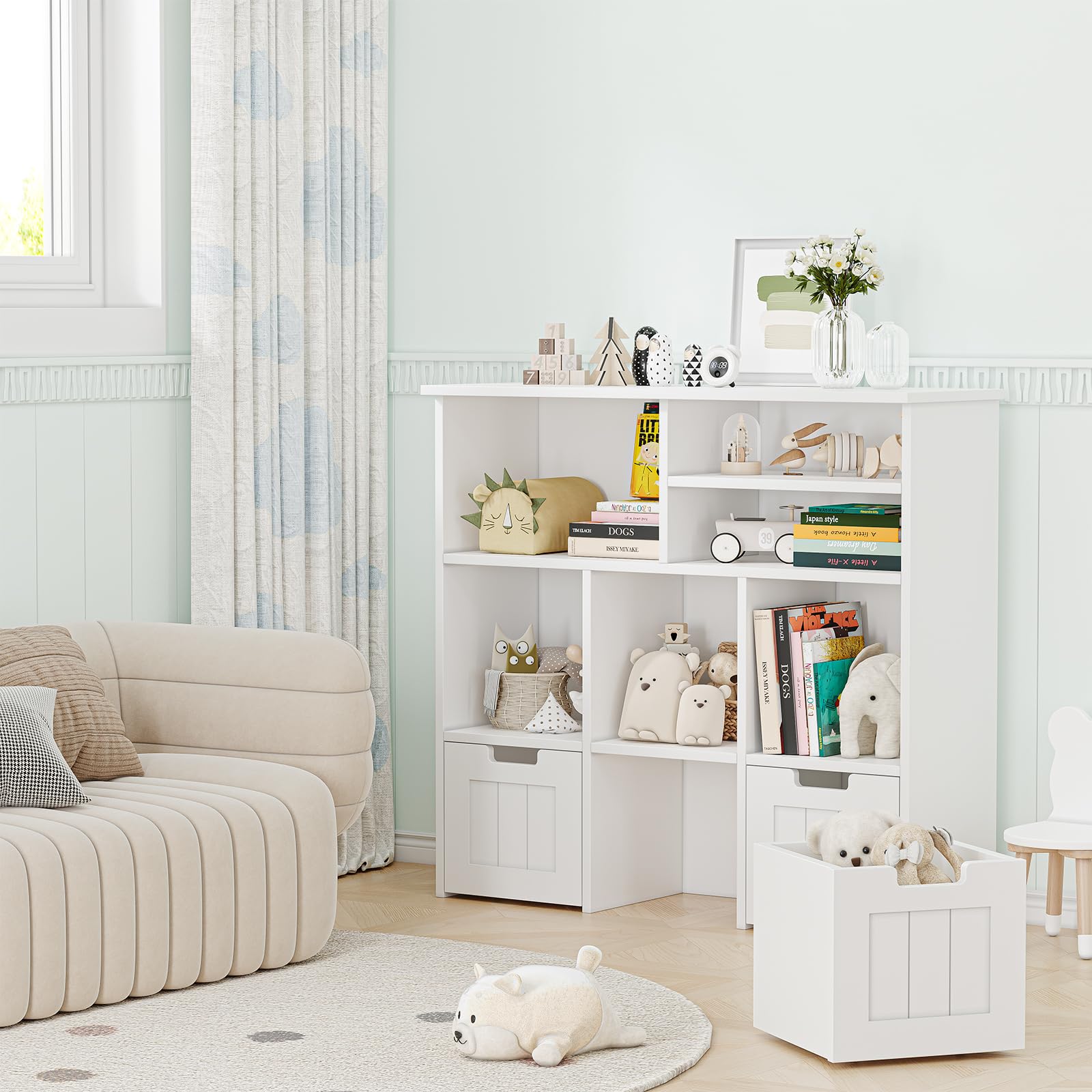 Kinderregal Mit Boxen Auf Rollen Und 6 Offenen Fächern, Kinderzimmer Möbel, Spielzeugregl, Aufbewahrungregal, Bücherregal Für Kinder, Kinderschrank, 100 x 33 x 89 cm