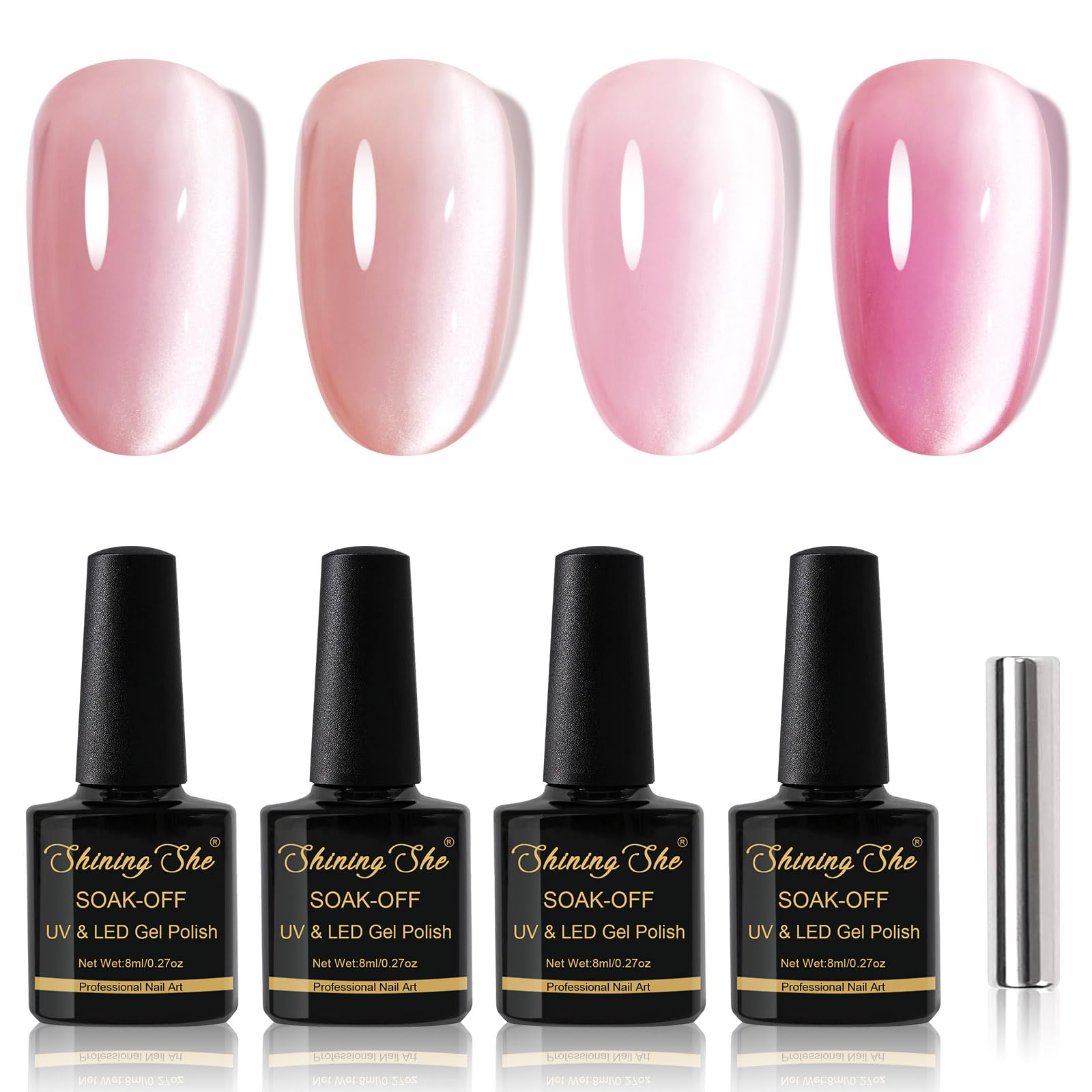 Shining She Półtrwały lakier magnetyczny, 4 odcienie bladego różu, holograficzny brokat kocie oko, z magnetycznym sztyftem, lakier UV/LED, lakier do paznokci, do salonu, domu DIY, 8 ml