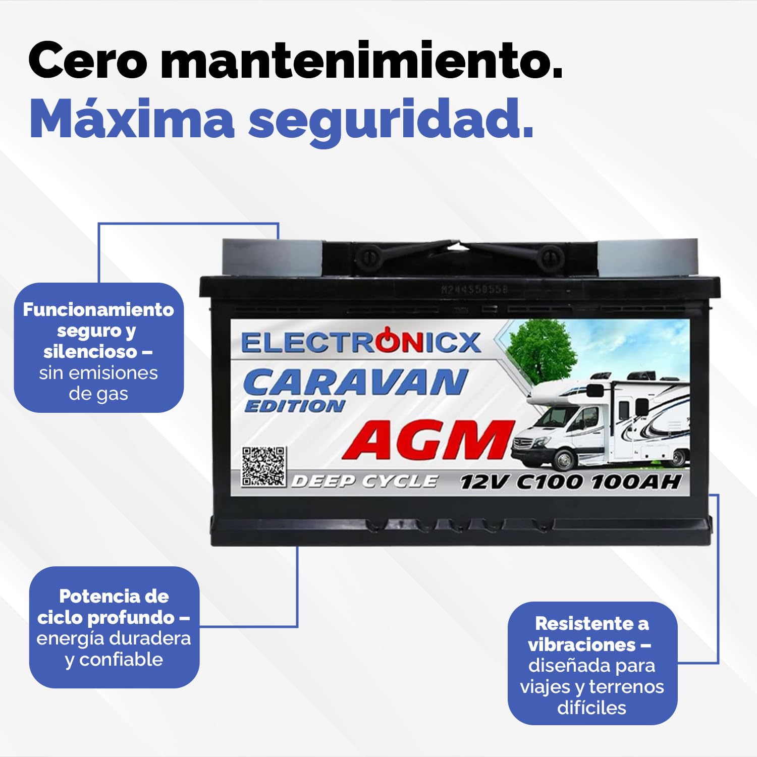 Electronicx batería AGM Caravan 12V 100Ah / 100 Ah deep cycle sellada sin mantenimiento, polo positivo a la derecha – batería para autocaravana, caravana, solar – 278×175×190mm