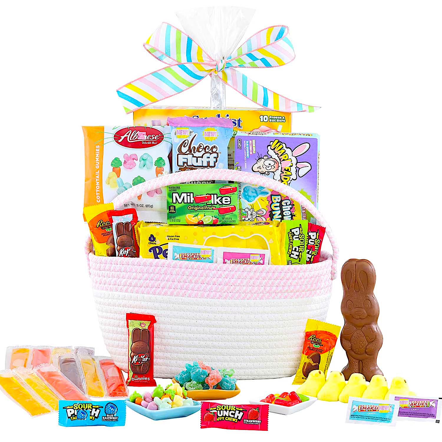 Easter GIFT Basket (BLUE or GREEN)- Easter Snack Gift - Gift Basket filled w/Various Easter Themed Candies, Marshmallow, Bunny,Chocolates - Great Easter Gift for Family, Friends, Kids, (COLOR VARY)