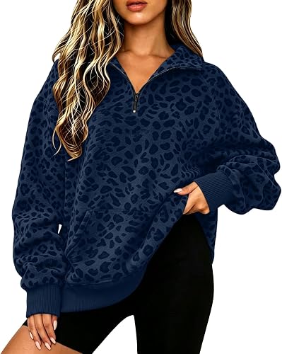 Womens Sweatshirts Cheetah Print Casual Sweatshirt Trendy Navy
