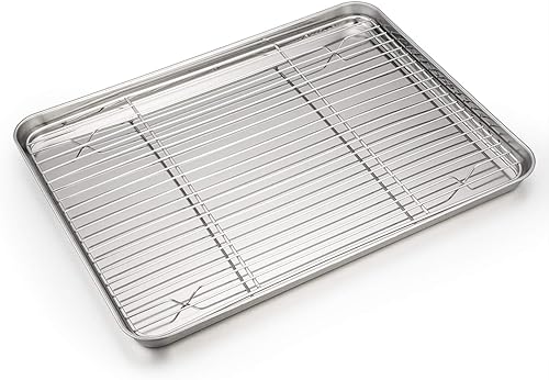 P&P CHEF Bandeja para hornear de 16 pulgadas con juego de estante, bandeja de acero inoxidable con estante de enfriamiento para uso en horno, asado
