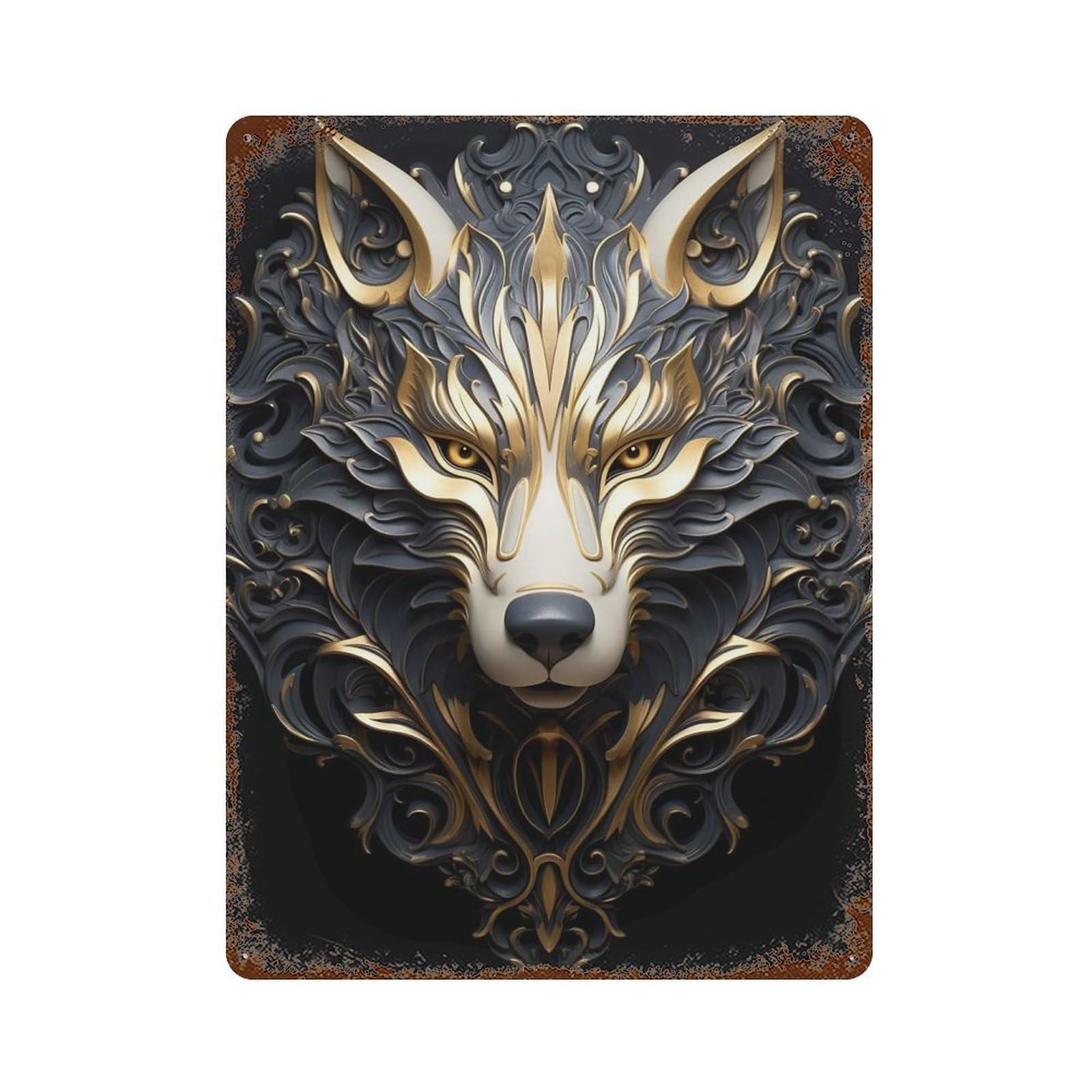 Garage Style The Golden Regal Wolf Distressed Metal Wall Sign 15.7"x11.8", Rustic Home Decor for Bar And Workshop