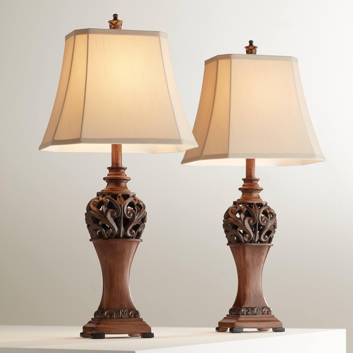 Regency Hill Exeter Traditional 3-Way Table Lamps 30" Tall Set of 2 with Table Top Dimmers Bronze Wood Carved Leaf Creme Rectangular Shade for Cottage Core Living Room Bedroom House Nightstand