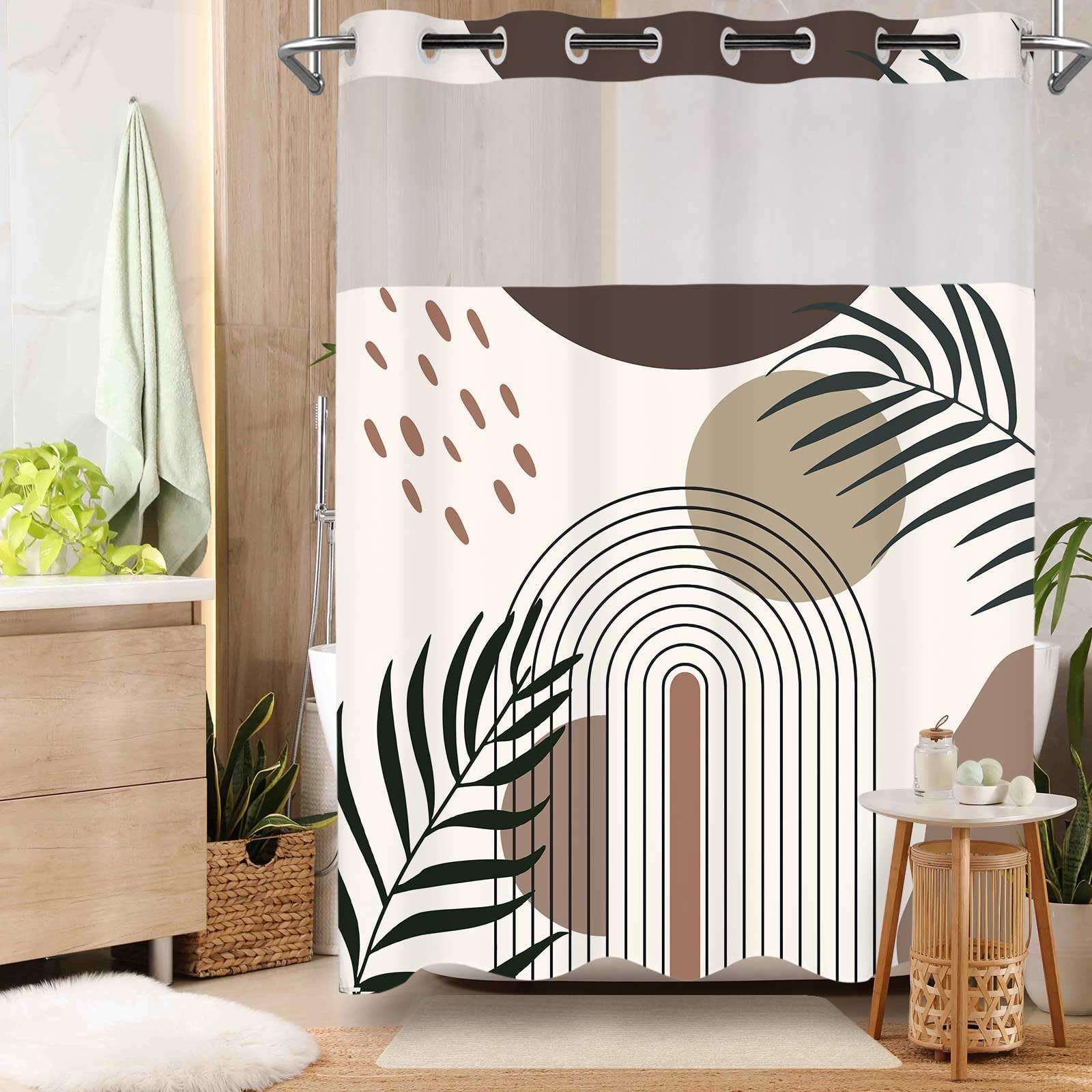 LYLYCTY No Hook Shower Curtain with Snap in Liner and Liner Set, Boho Mid Century Sun Chocolate Shower Curtain for Bathroom Decor 71x74 in