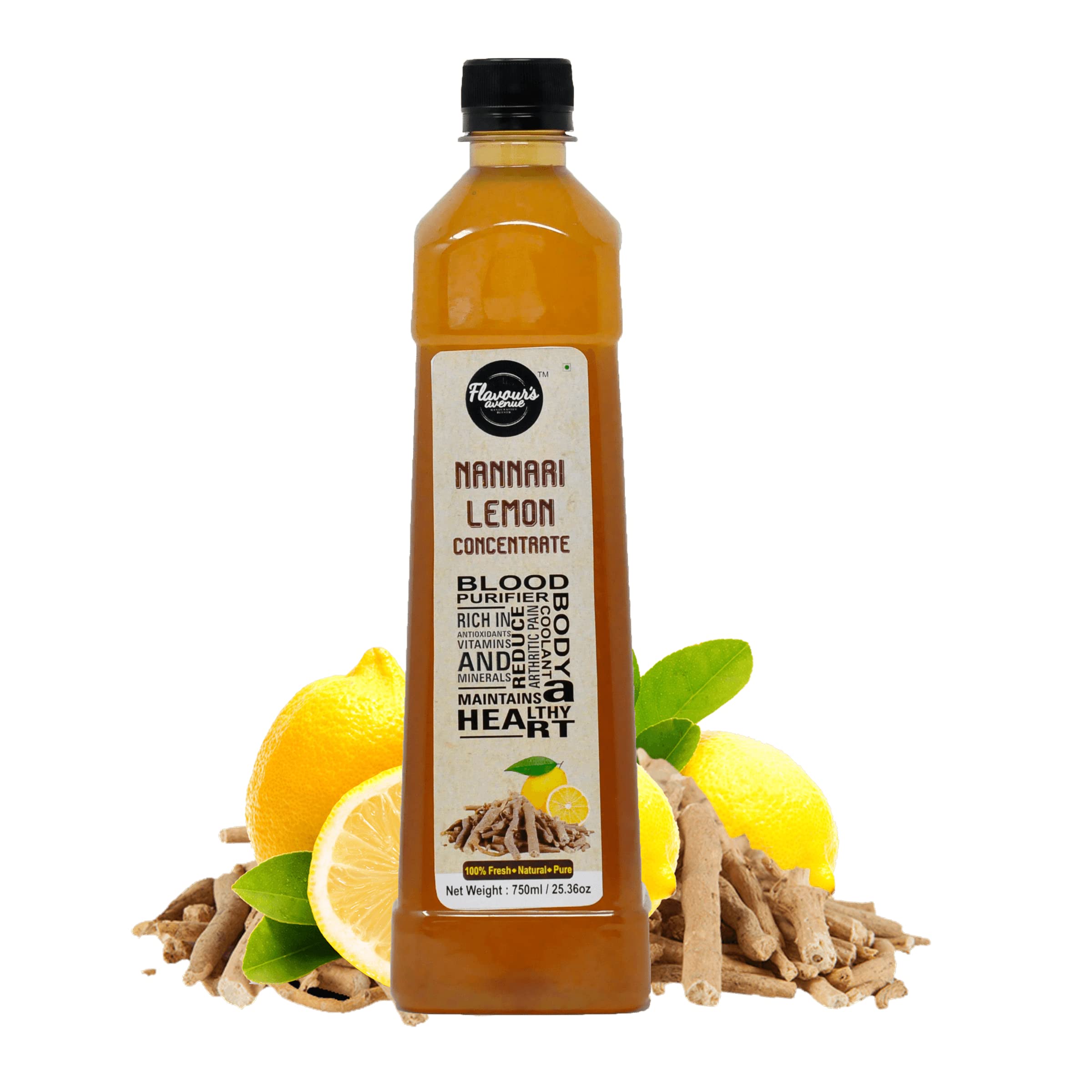 FLAVOURS AVENUE - Nannari Lemon Juice Concentrate, 100% Natural, 750ml Makes 10-15 Drinks, Concentrate for Iced-teas/Hot Tea/Cocktails/Mocktails