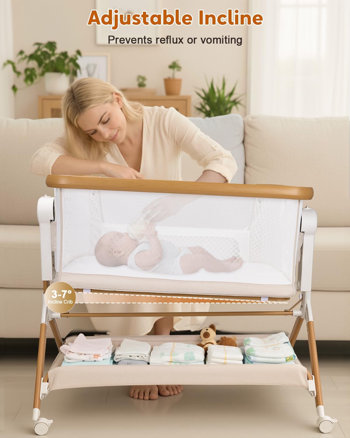 3 in 1 Baby Bassinet, Rocking Bassinet, Bedside Sleeper for Baby, Breathable Full-Mesh, 6 Height Adjustable, Comfy Mattress, Lockable Wheels, Storage Basket, Stable and Cozy Crib for Newborn Infant