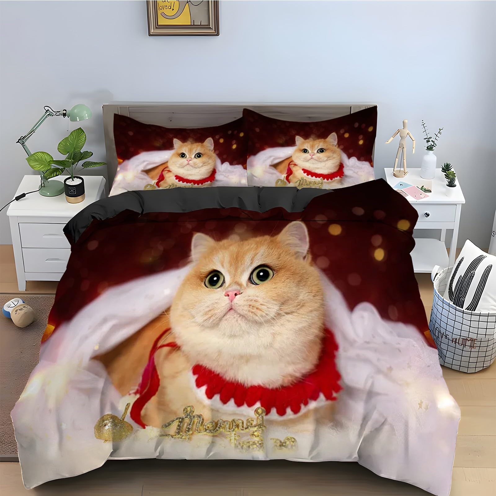Parure de lit 90x190 Noël chiot en microfibre avec housse de couette 3 pièces et taies d'oreiller