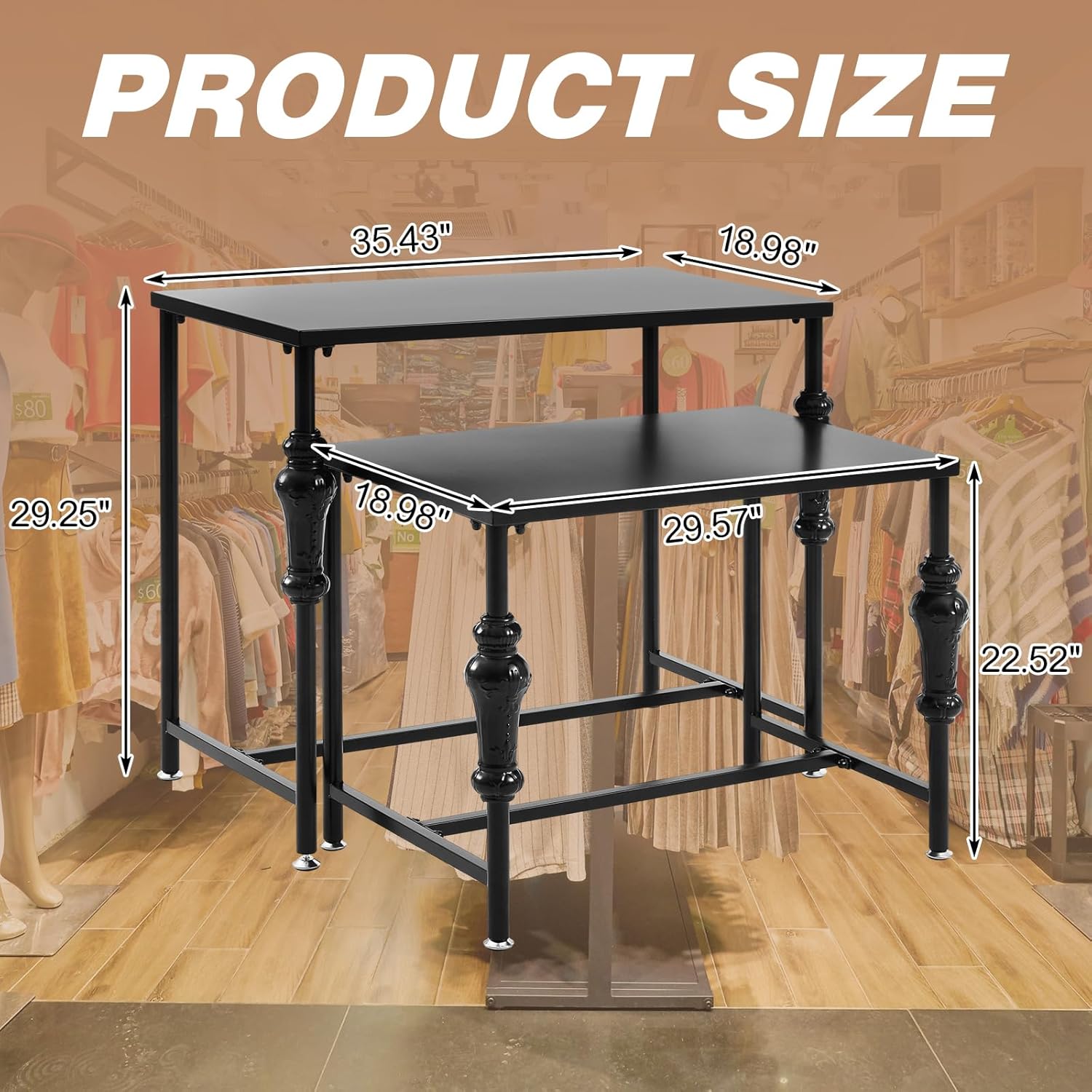 Novabright 2 Pcs Industrial Retail Display Table Set Nesting Standing Boutique Display Clothing Shoes Rack Metal Shelf Retro Black Store Furniture for Bag Accessories, Extra Large and Large