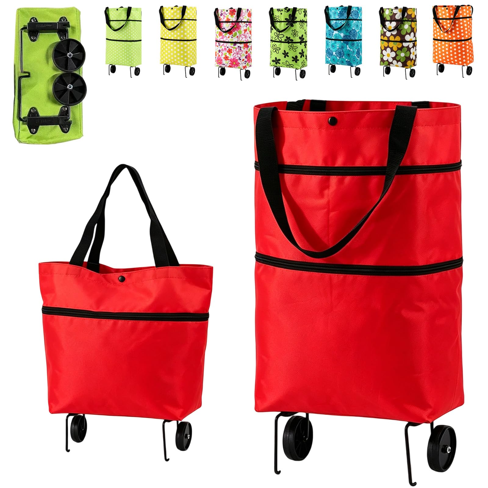 2-in-1 Foldable Shopping Cart, Reusable Shopping Trolley Bag with Wheels, Waterproof Oxford Cloth, Lightweight Collapsible Portable Grocery Cart for Market Travel & Daily Use (C)