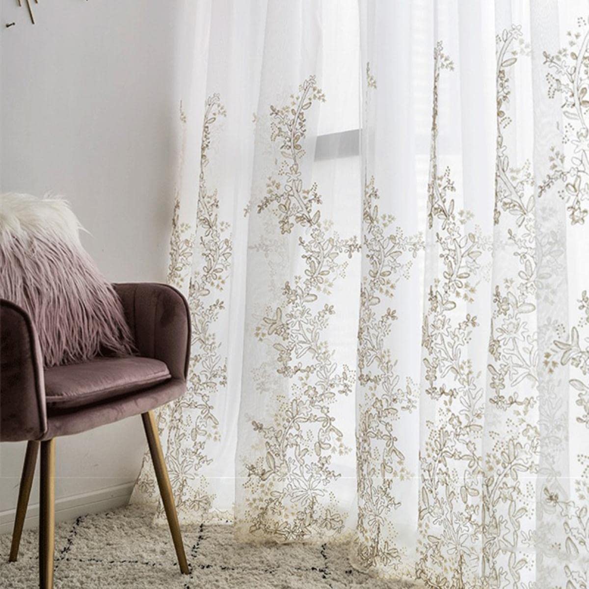 Rideaux en Tulle de Luxe brodés pour Salon Chambre à Coucher Rideau de fenêtre Transparent en Voile Floral pour Stores de Cuisine Rideaux-crème, Taille personnalisée 1pc, 1.Rings Top