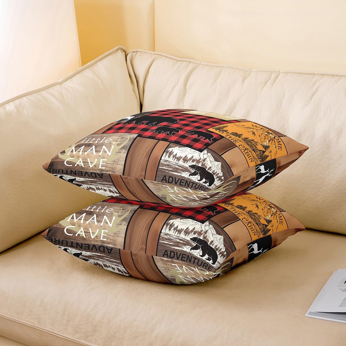 Pack of 4 Farmhouse Throw Pillow Covers 18x18 Inch, Rustic Deer Rug For Kids Teens Adult, Bear Patchwork Woodland Wildlife Moose Cushion Covers, Checkered Buffalo Plaid Red Brown Cushion Cases