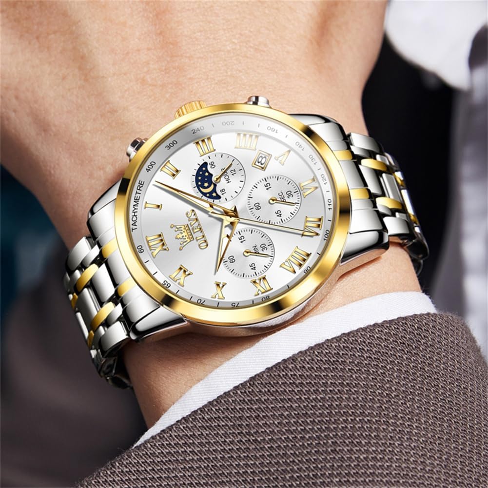 OLEVS Mens Watches Luxury Big Face Waterproof Stainless Steel Analog Quartz Multifunctional Luminous Date Two Tone Fashion Dress Wrist Watches for Man - Image 2